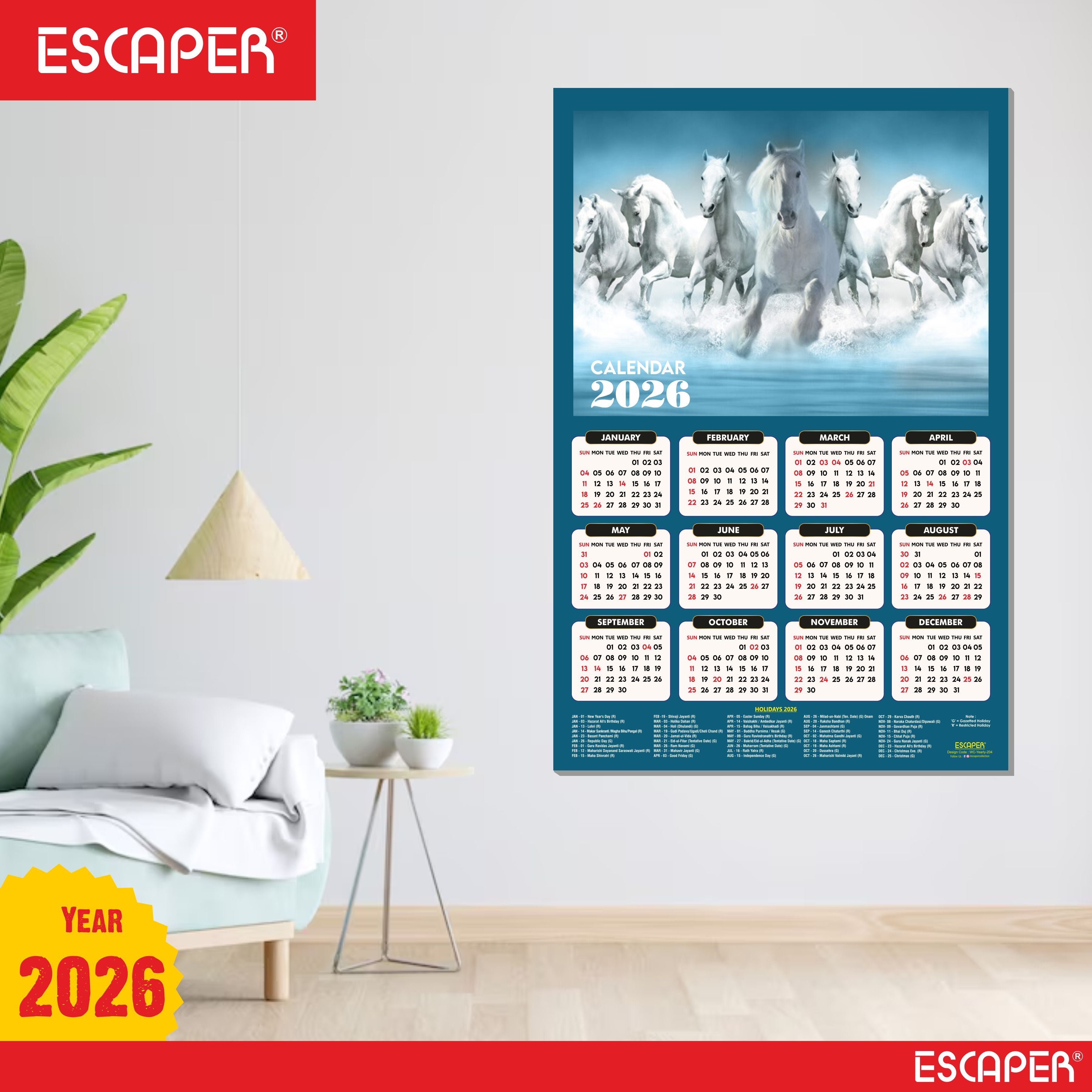 7 Horses Wall Calendar 2026 hanging (45 x 30 cm), Seven Horses Wall Calendar 2026, Seven Horses Calendar, Seven Horse Wall Decor, New Year Calendar 2026, New Year Gift