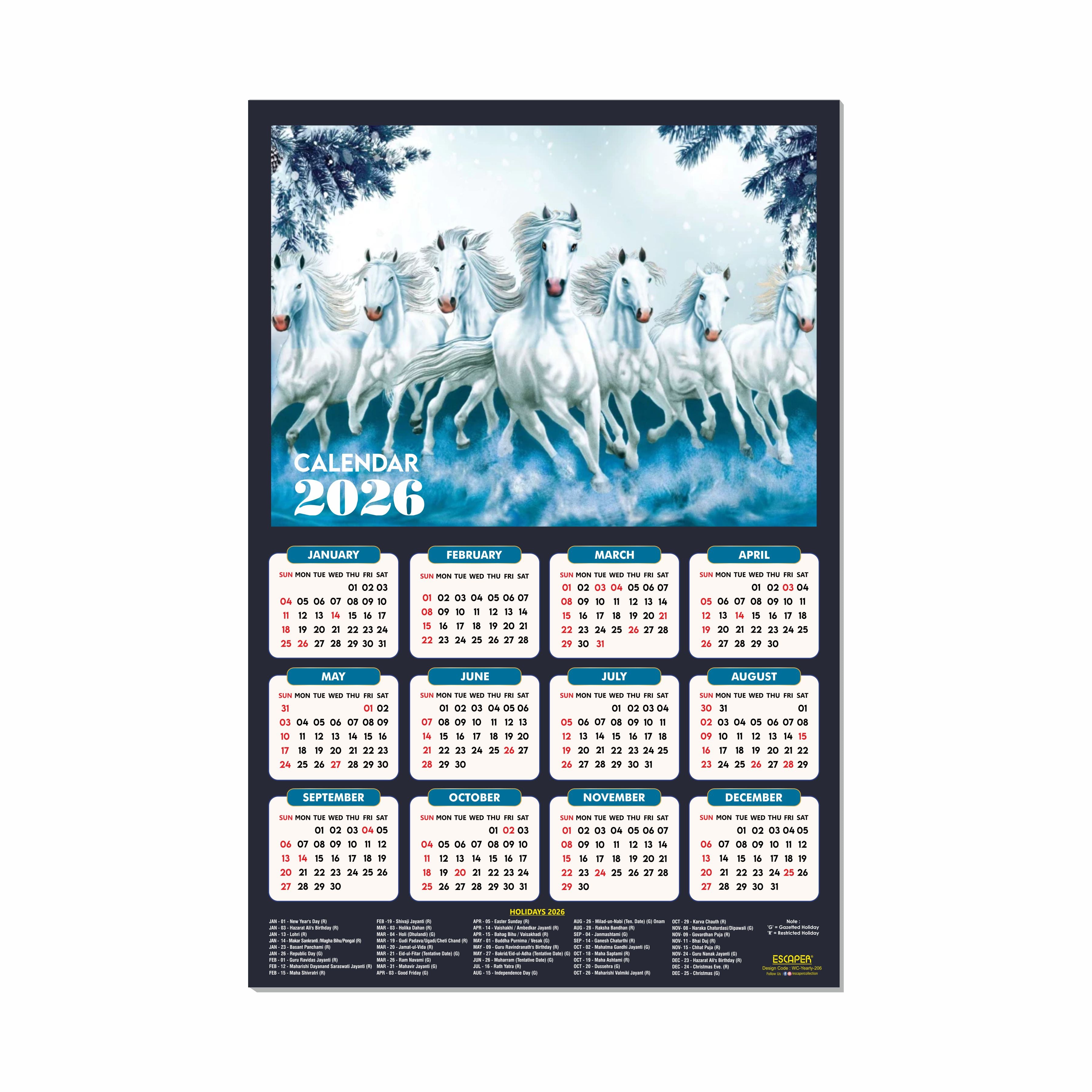 7 Horses Wall Calendar 2026 hanging (45 x 30 cm), Seven Horses Wall Calendar 2026, Seven Horses Calendar, Seven Horse Wall Decor, New Year Calendar 2026, New Year Gift