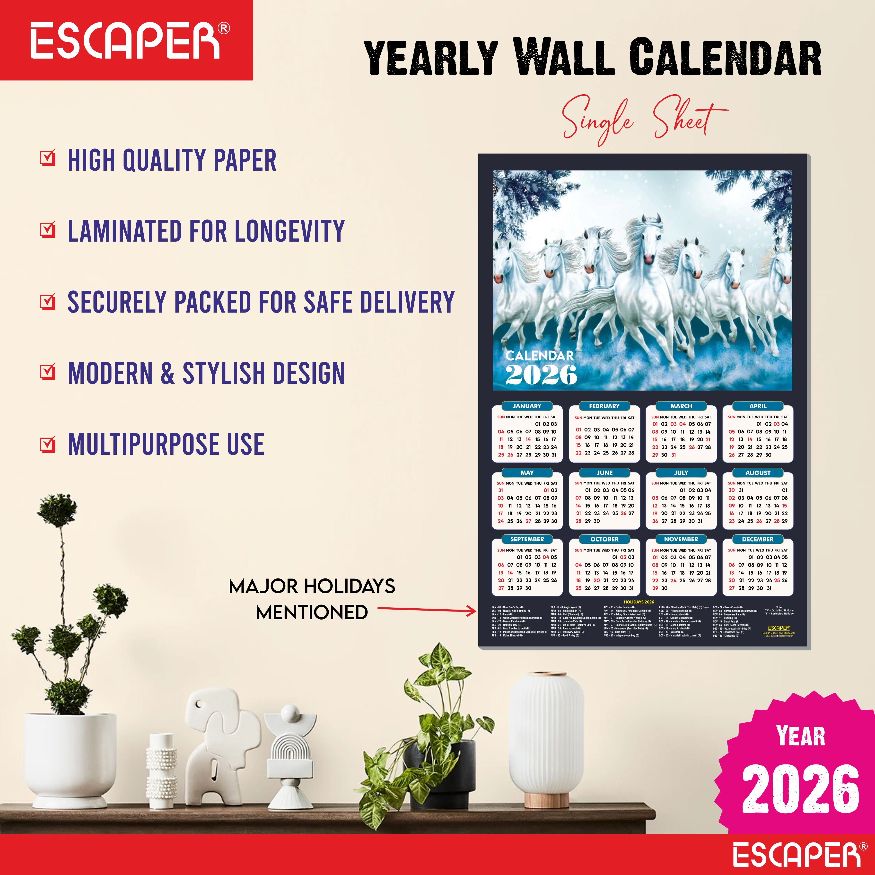 7 Horses Wall Calendar 2026 hanging (45 x 30 cm), Seven Horses Wall Calendar 2026, Seven Horses Calendar, Seven Horse Wall Decor, New Year Calendar 2026, New Year Gift