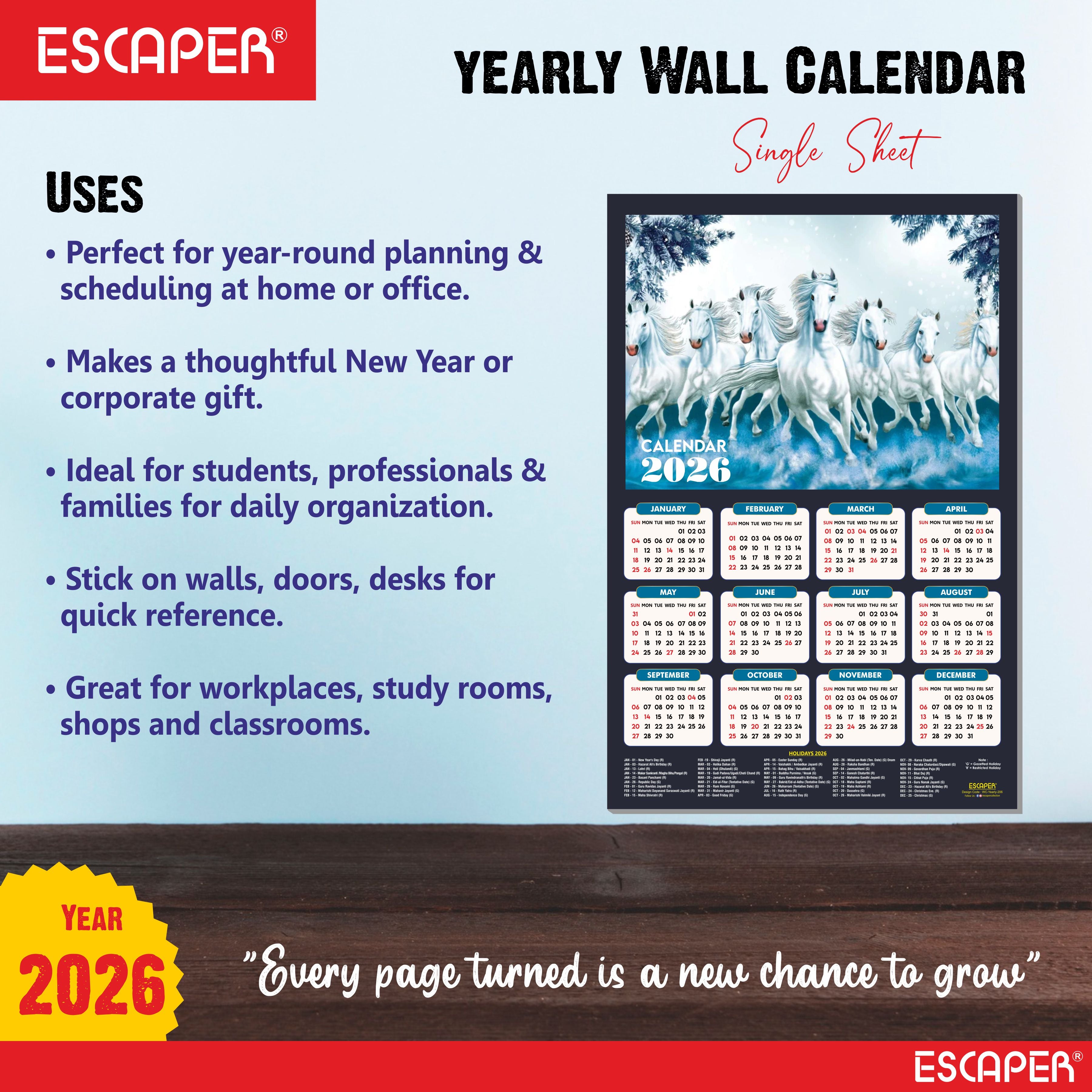 7 Horses Wall Calendar 2026 hanging (45 x 30 cm), Seven Horses Wall Calendar 2026, Seven Horses Calendar, Seven Horse Wall Decor, New Year Calendar 2026, New Year Gift