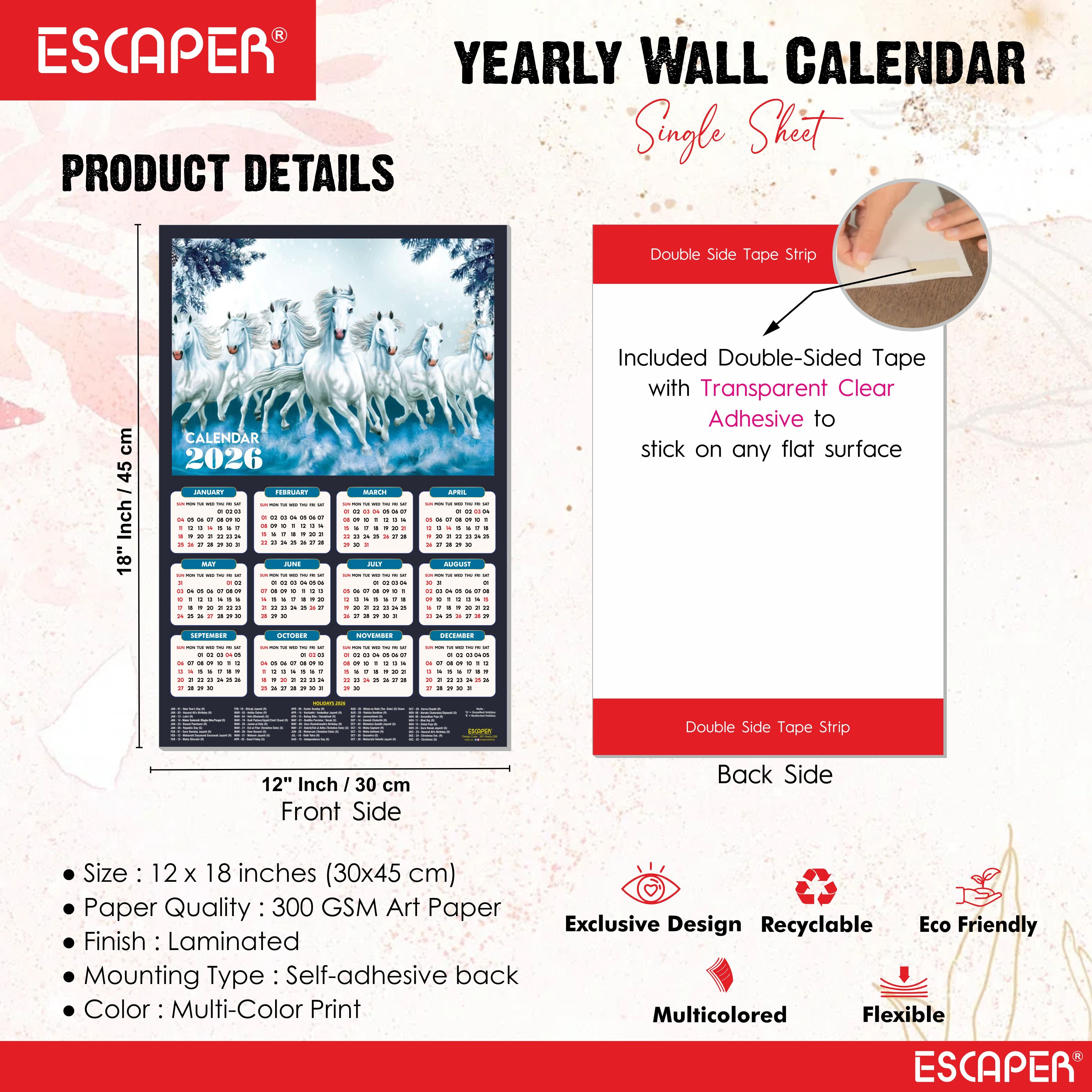 7 Horses Wall Calendar 2026 hanging (45 x 30 cm), Seven Horses Wall Calendar 2026, Seven Horses Calendar, Seven Horse Wall Decor, New Year Calendar 2026, New Year Gift