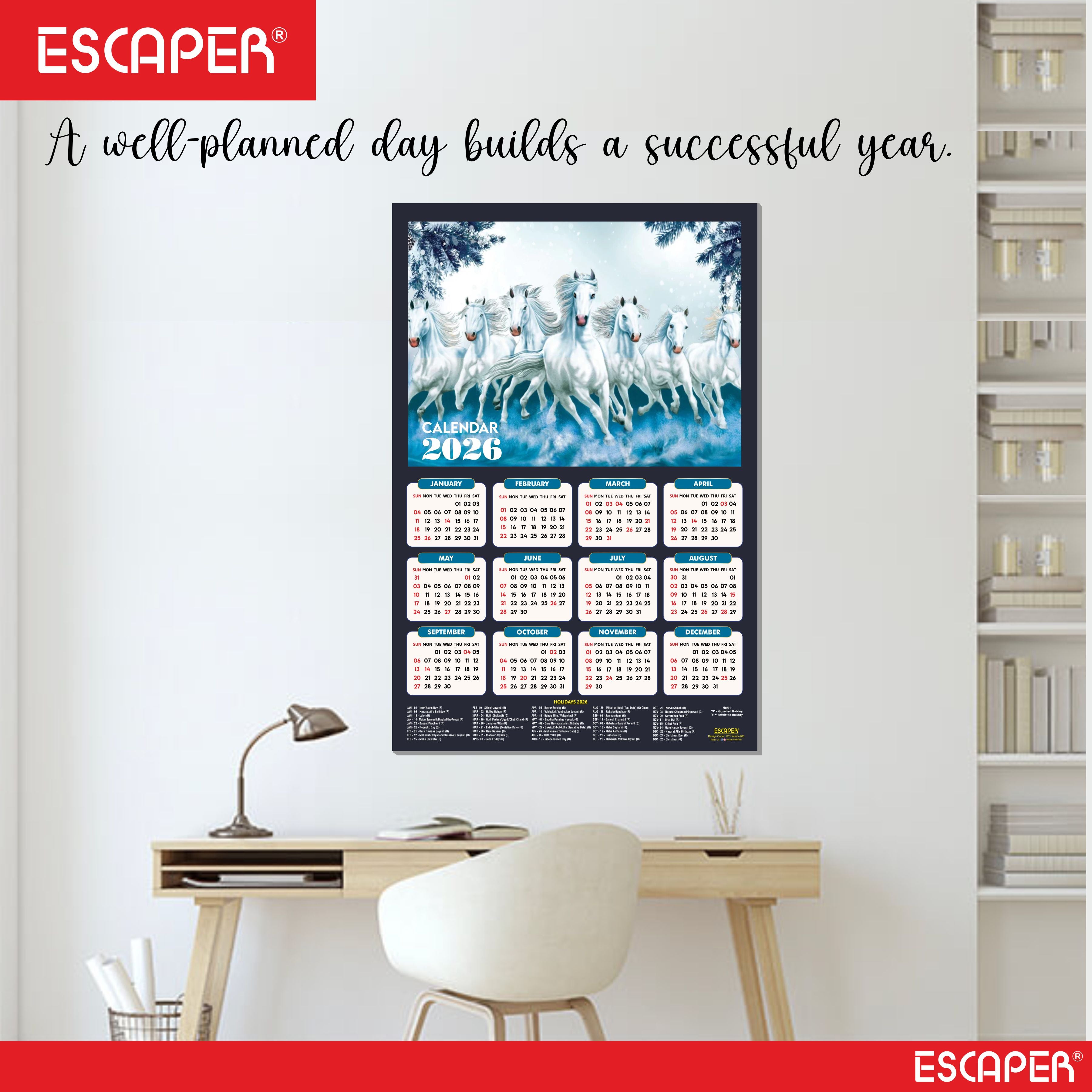 7 Horses Wall Calendar 2026 hanging (45 x 30 cm), Seven Horses Wall Calendar 2026, Seven Horses Calendar, Seven Horse Wall Decor, New Year Calendar 2026, New Year Gift