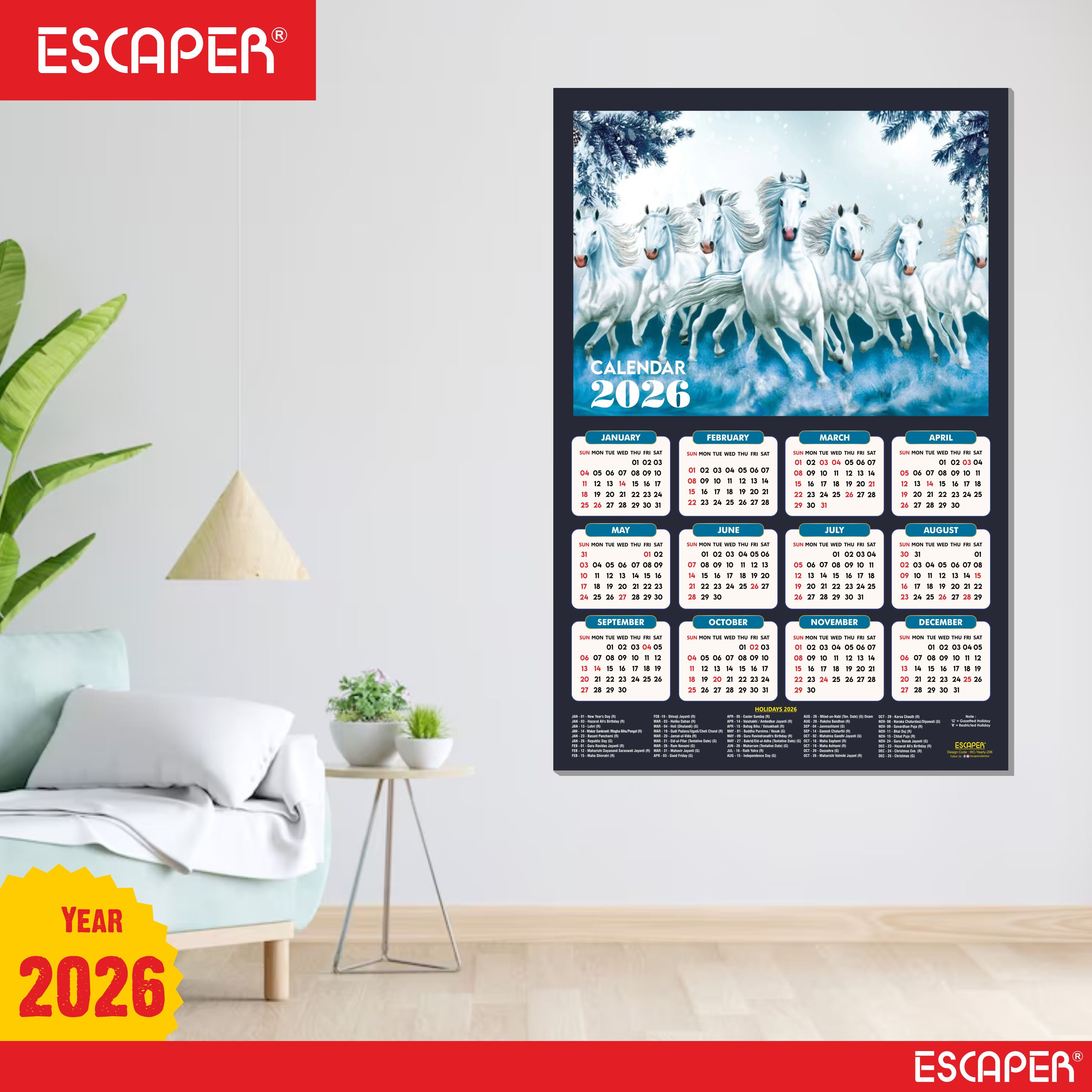 7 Horses Wall Calendar 2026 hanging (45 x 30 cm), Seven Horses Wall Calendar 2026, Seven Horses Calendar, Seven Horse Wall Decor, New Year Calendar 2026, New Year Gift