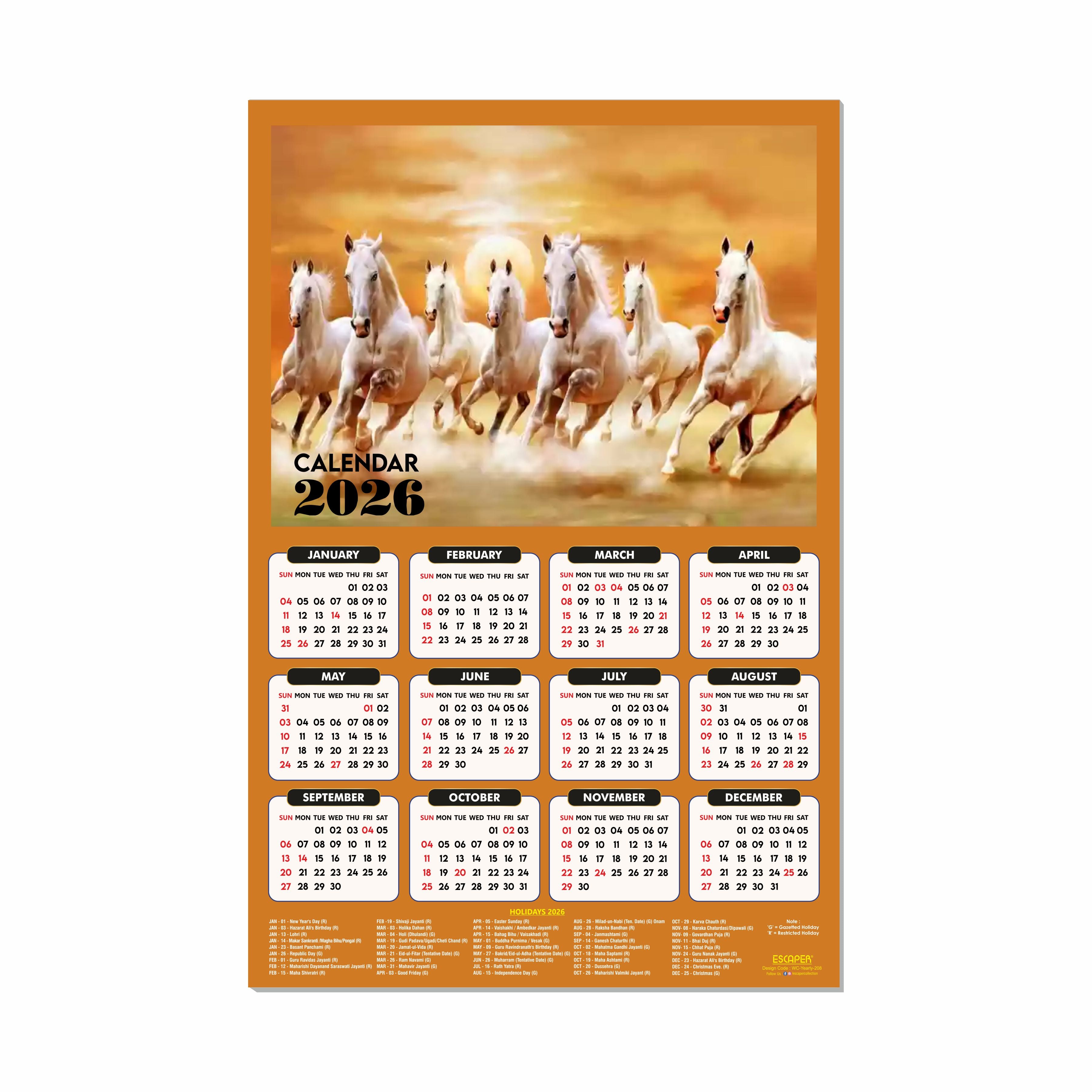 7 Horses Wall Calendar 2026 hanging (45 x 30 cm), Seven Horses Wall Calendar 2026, Seven Horses Calendar, Seven Horse Wall Decor, New Year Calendar 2026, New Year Gift