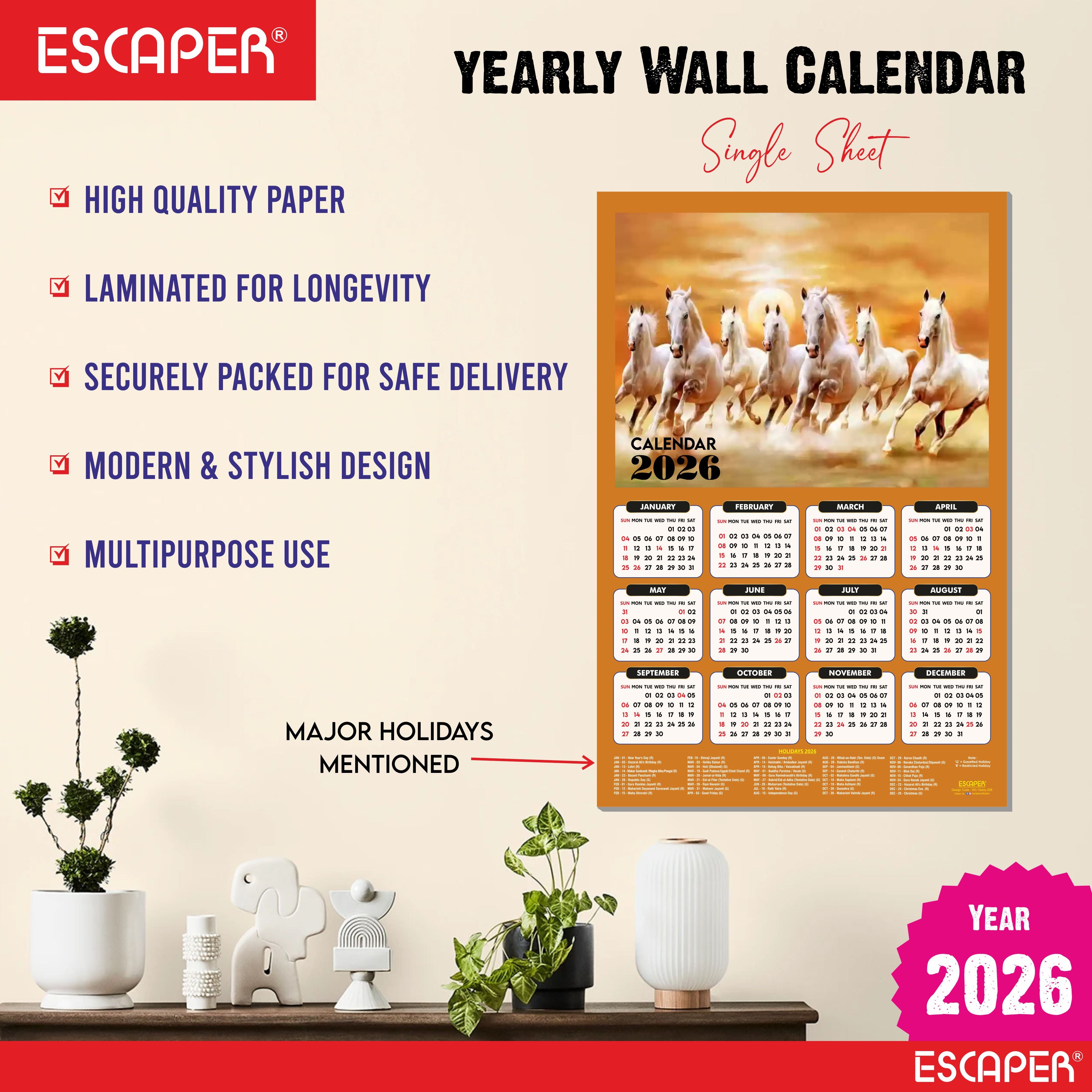 7 Horses Wall Calendar 2026 hanging (45 x 30 cm), Seven Horses Wall Calendar 2026, Seven Horses Calendar, Seven Horse Wall Decor, New Year Calendar 2026, New Year Gift