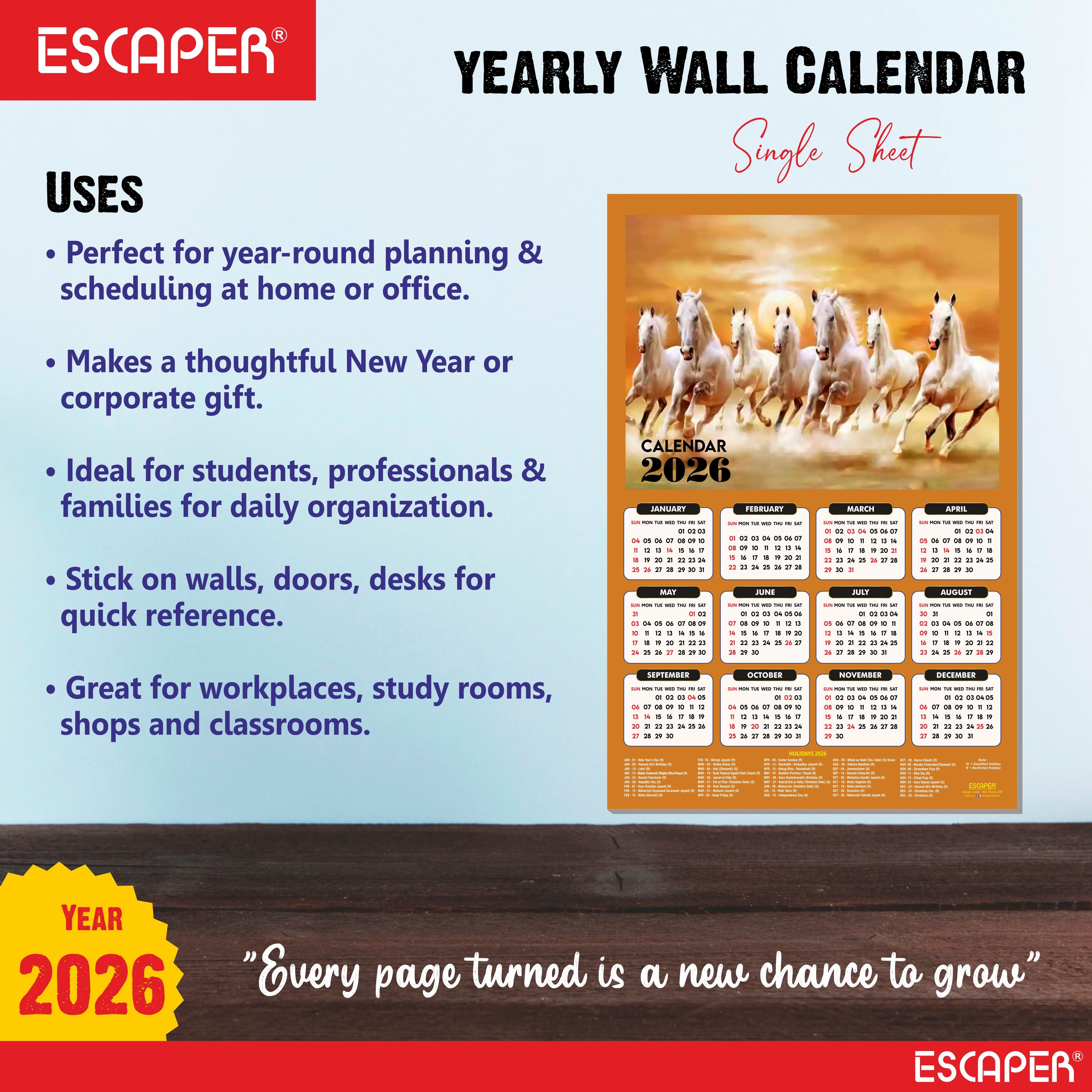 7 Horses Wall Calendar 2026 hanging (45 x 30 cm), Seven Horses Wall Calendar 2026, Seven Horses Calendar, Seven Horse Wall Decor, New Year Calendar 2026, New Year Gift