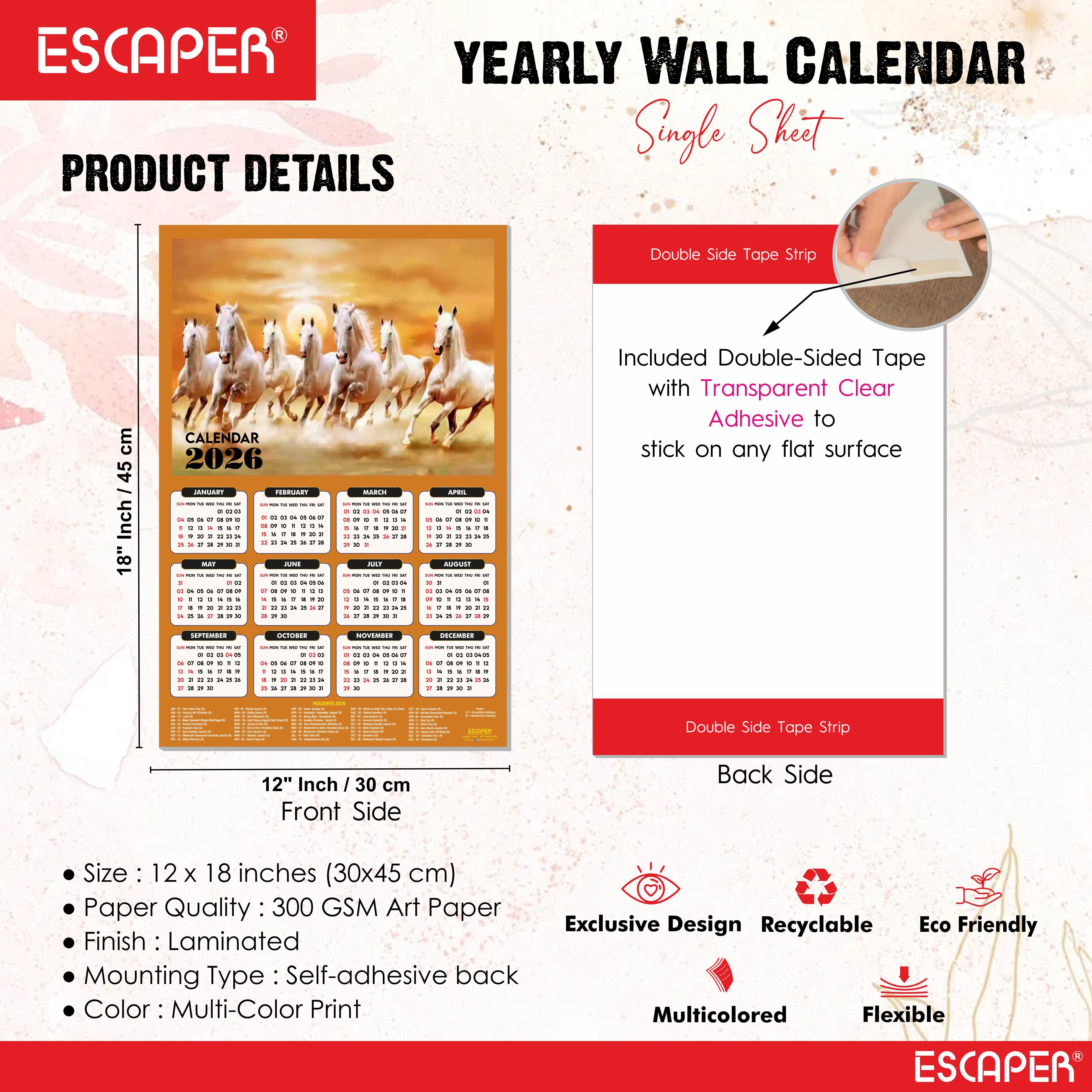 7 Horses Wall Calendar 2026 hanging (45 x 30 cm), Seven Horses Wall Calendar 2026, Seven Horses Calendar, Seven Horse Wall Decor, New Year Calendar 2026, New Year Gift