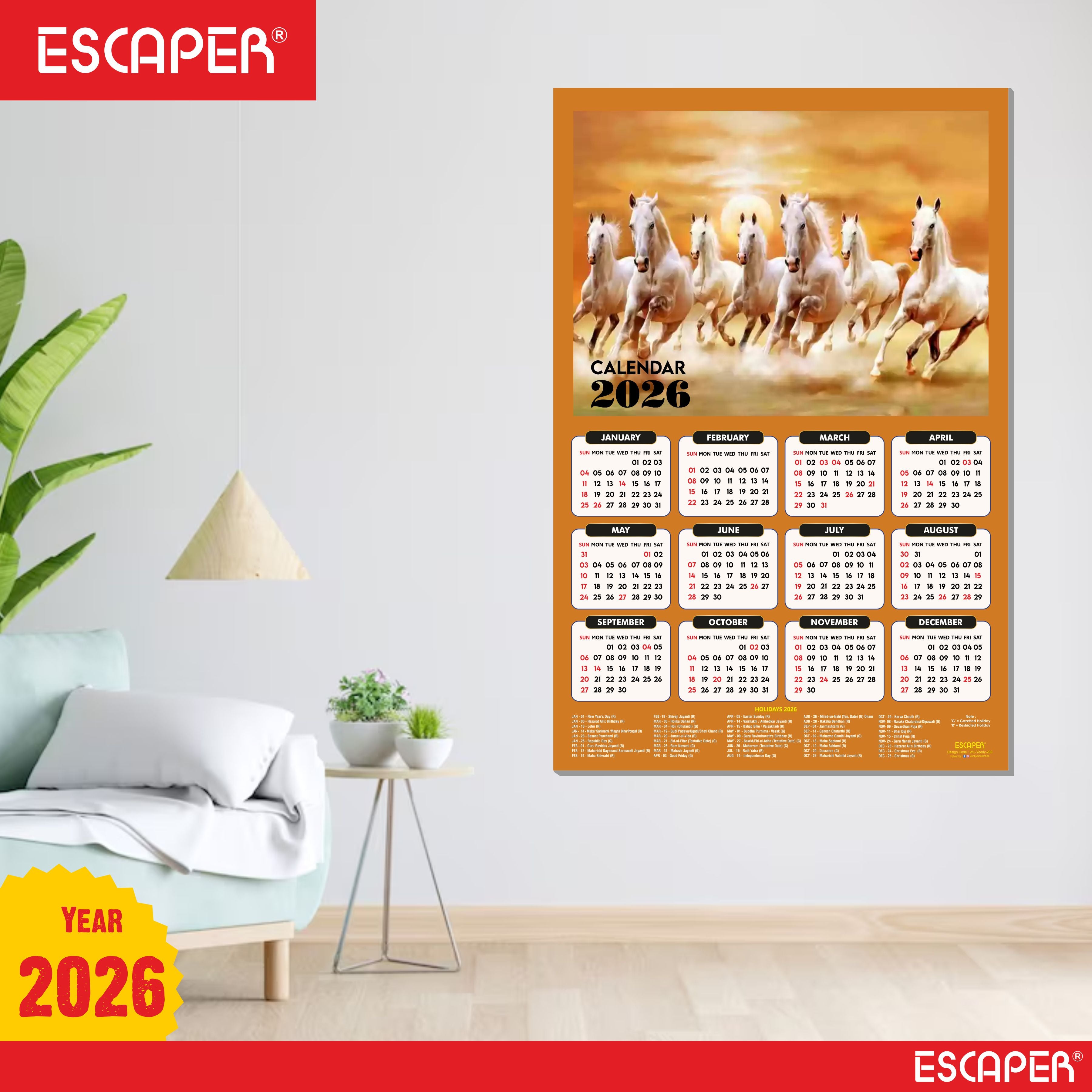 7 Horses Wall Calendar 2026 hanging (45 x 30 cm), Seven Horses Wall Calendar 2026, Seven Horses Calendar, Seven Horse Wall Decor, New Year Calendar 2026, New Year Gift