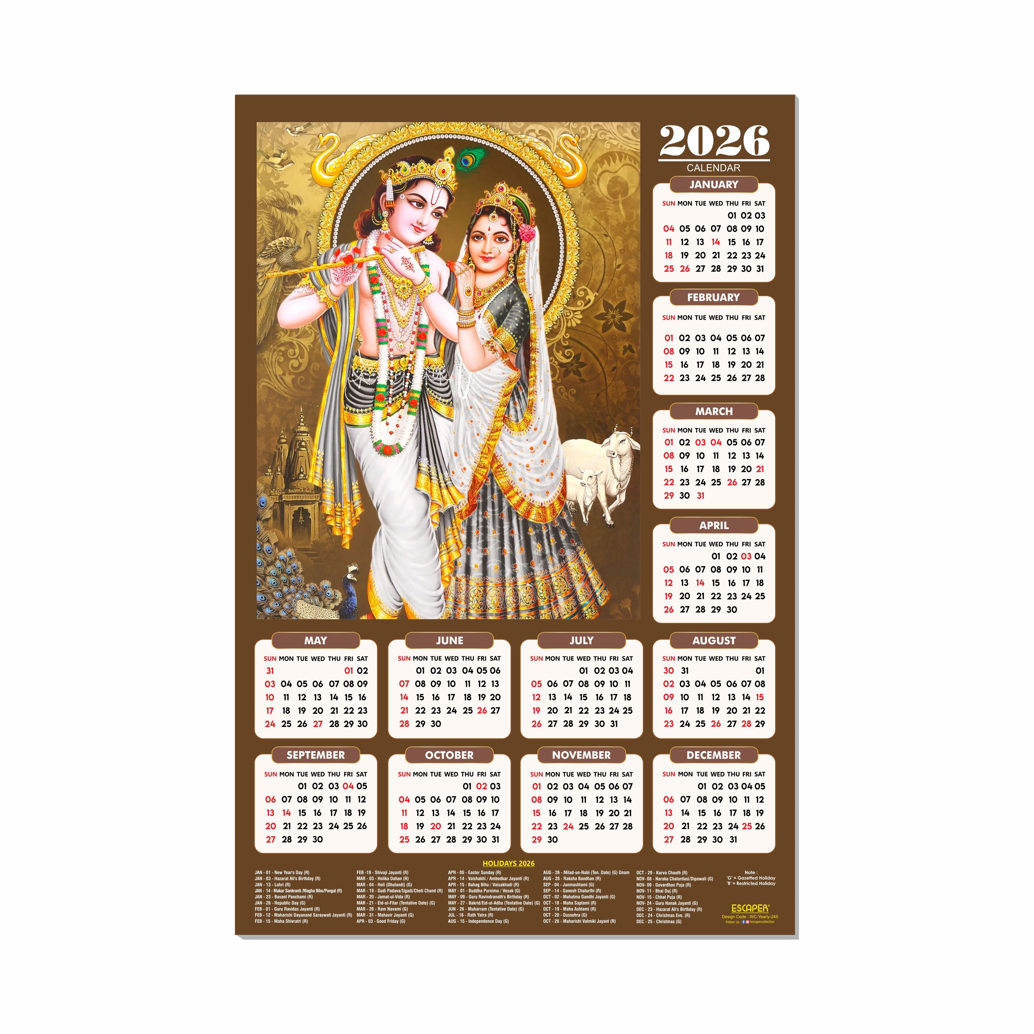 Shree Krishna Wall Calendar 2026 (45 x 30 cm) - Radha Krishna Wall Decor, Laddu Gopal Photo, Bal Krishna Wall Calendar 2026, Religious, Bal Gopal Photo