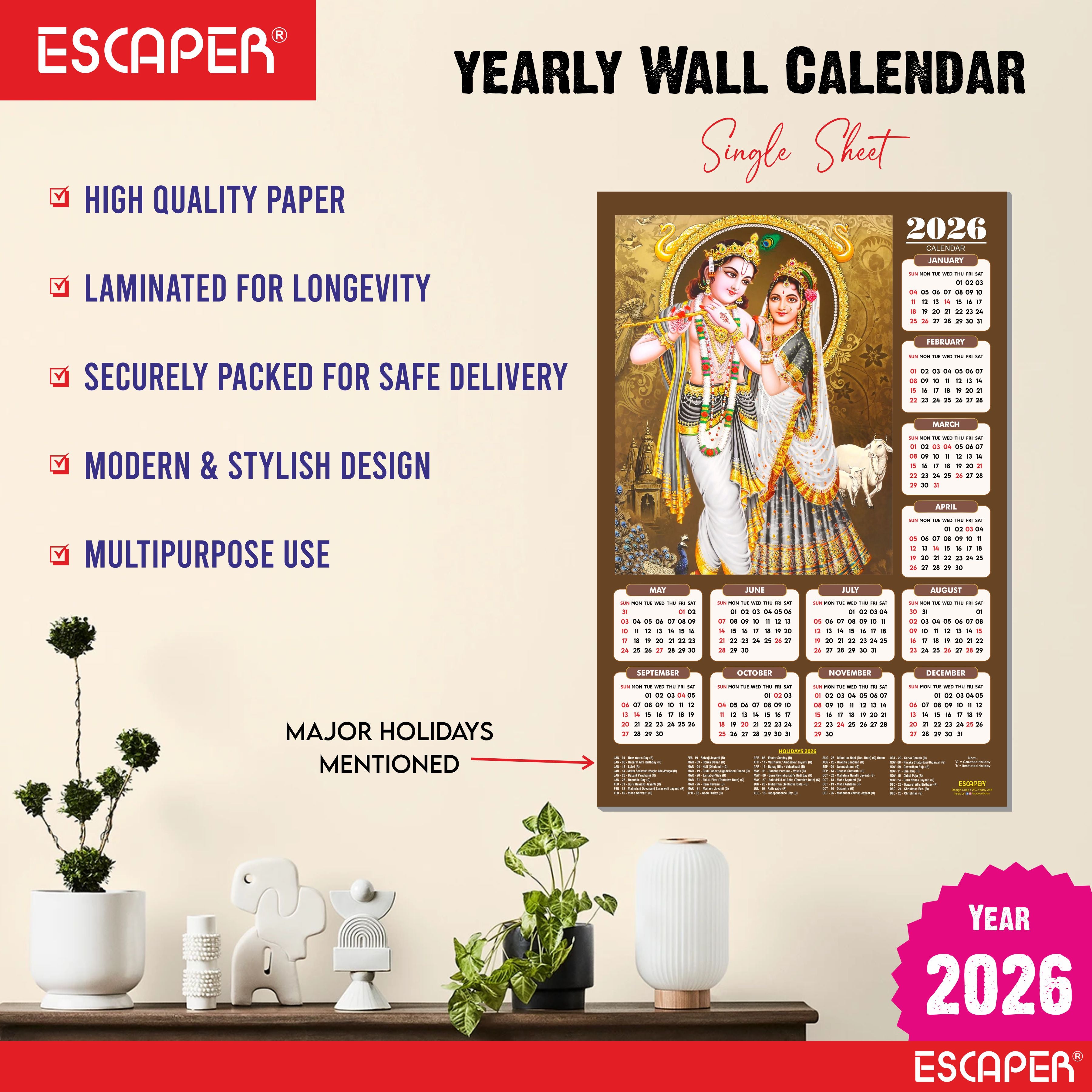 Shree Krishna Wall Calendar 2026 (45 x 30 cm) - Radha Krishna Wall Decor, Laddu Gopal Photo, Bal Krishna Wall Calendar 2026, Religious, Bal Gopal Photo