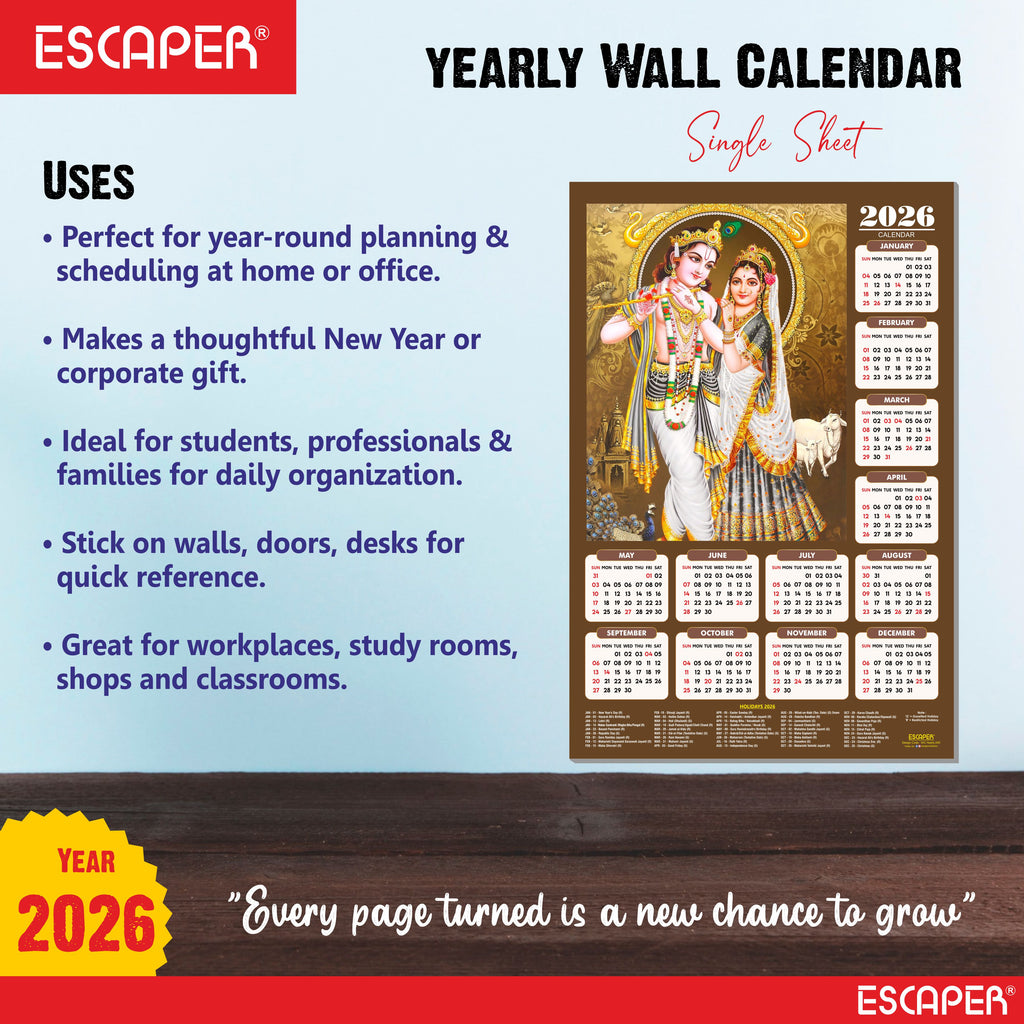 Shree Krishna Wall Calendar 2026 (45 x 30 cm) - Radha Krishna Wall Decor, Laddu Gopal Photo, Bal Krishna Wall Calendar 2026, Religious, Bal Gopal Photo