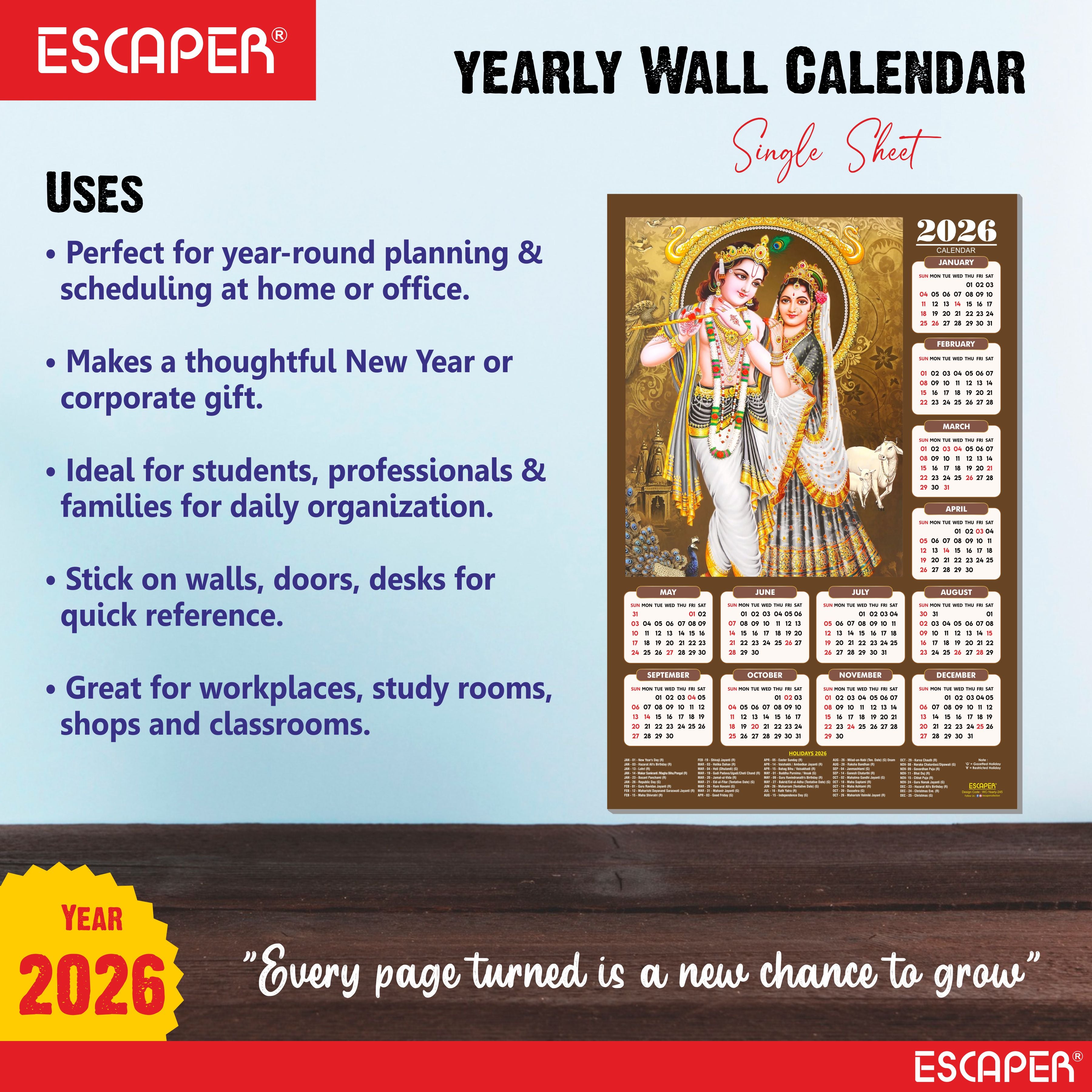 Shree Krishna Wall Calendar 2026 (45 x 30 cm) - Radha Krishna Wall Decor, Laddu Gopal Photo, Bal Krishna Wall Calendar 2026, Religious, Bal Gopal Photo