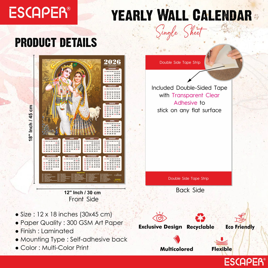 Shree Krishna Wall Calendar 2026 (45 x 30 cm) - Radha Krishna Wall Decor, Laddu Gopal Photo, Bal Krishna Wall Calendar 2026, Religious, Bal Gopal Photo
