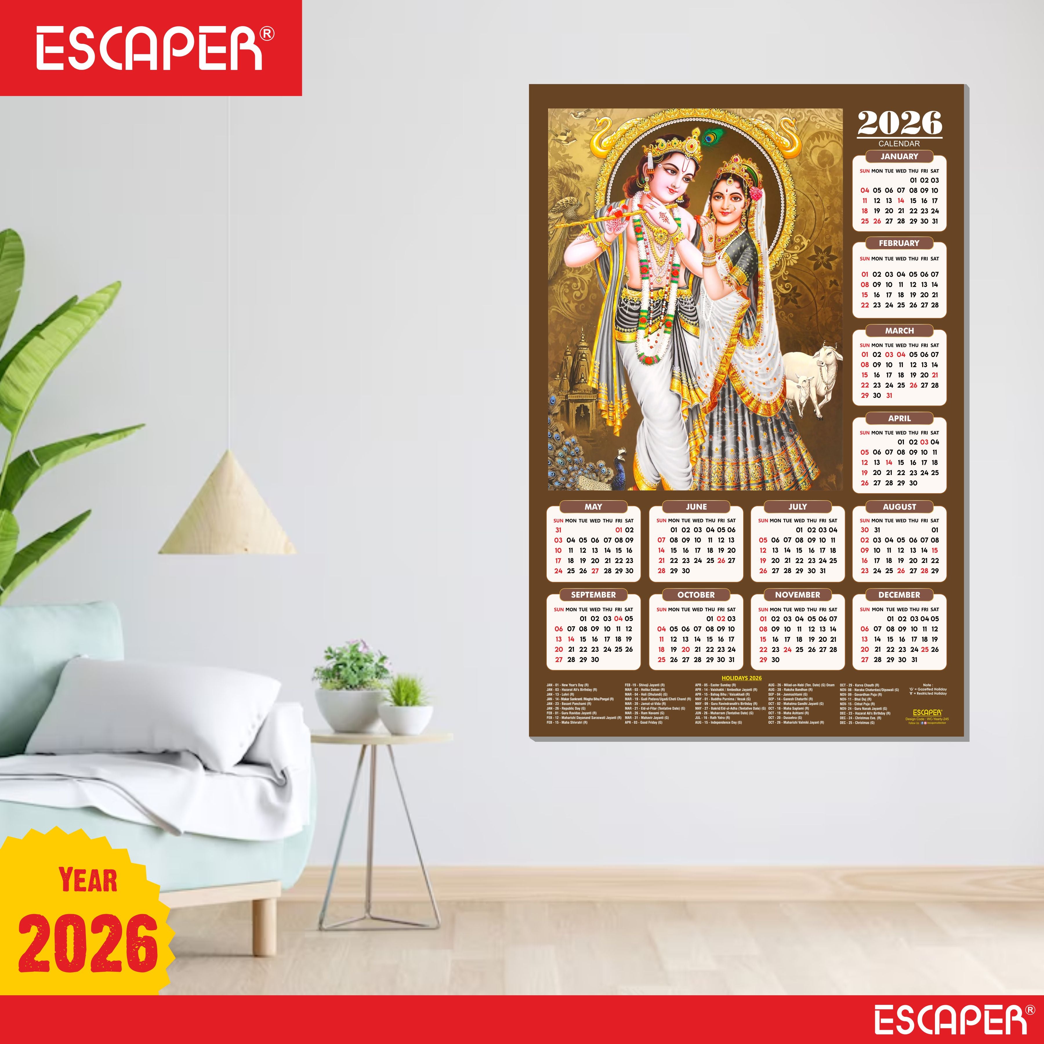 Shree Krishna Wall Calendar 2026 (45 x 30 cm) - Radha Krishna Wall Decor, Laddu Gopal Photo, Bal Krishna Wall Calendar 2026, Religious, Bal Gopal Photo