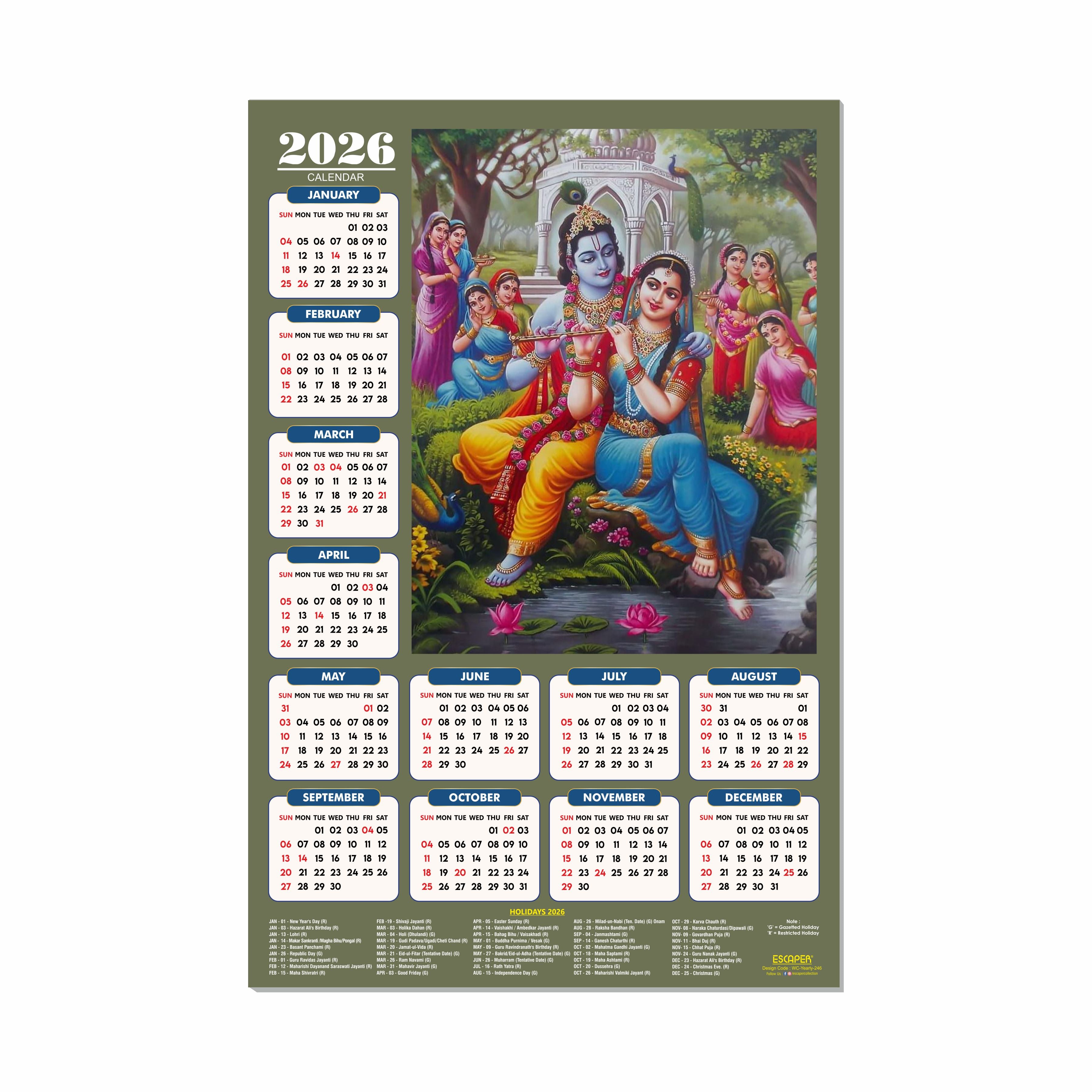 Shree Krishna Wall Calendar 2026 (45 x 30 cm) - Radha Krishna Wall Decor, Photo, Krishna Wall Calendar 2026, Religious