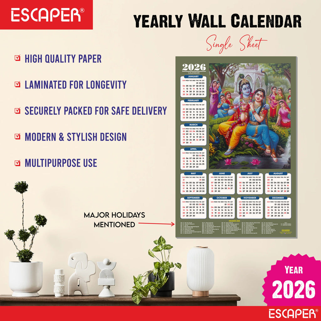 Shree Krishna Wall Calendar 2026 (45 x 30 cm) - Radha Krishna Wall Decor, Photo, Krishna Wall Calendar 2026, Religious