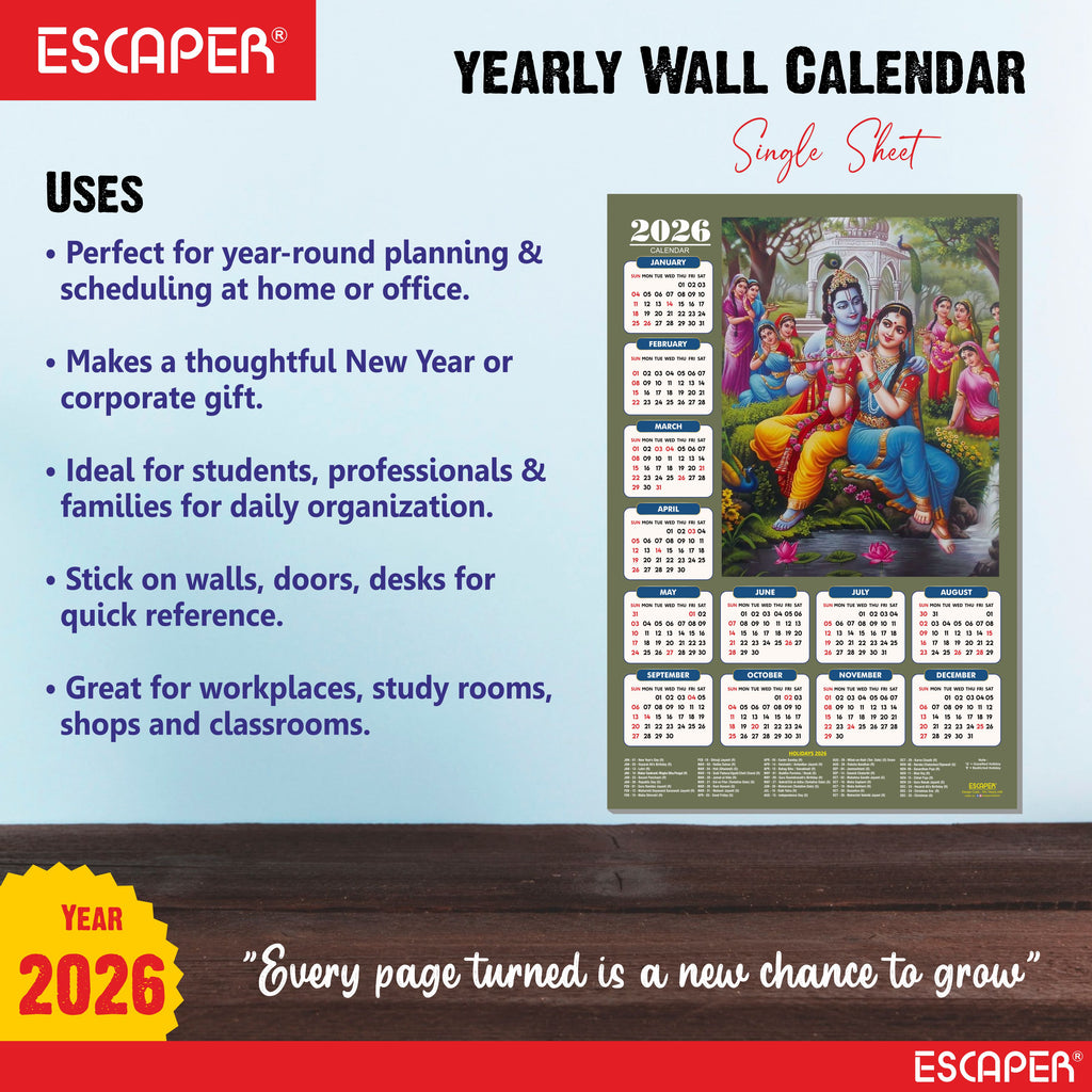 Shree Krishna Wall Calendar 2026 (45 x 30 cm) - Radha Krishna Wall Decor, Photo, Krishna Wall Calendar 2026, Religious