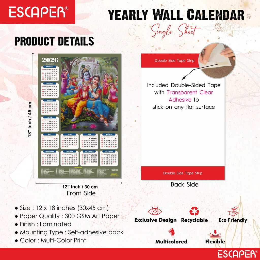 Shree Krishna Wall Calendar 2026 (45 x 30 cm) - Radha Krishna Wall Decor, Photo, Krishna Wall Calendar 2026, Religious