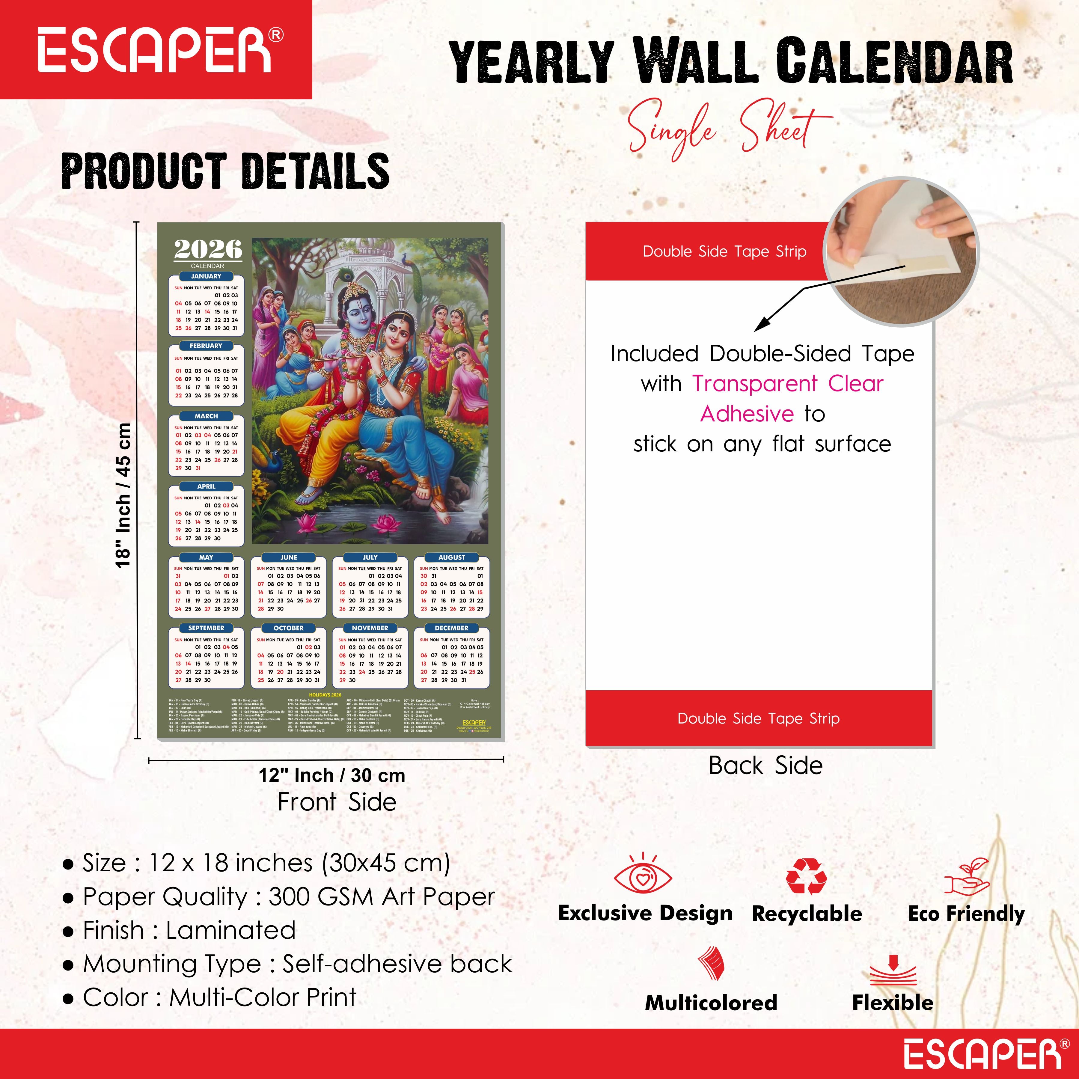 Shree Krishna Wall Calendar 2026 (45 x 30 cm) - Radha Krishna Wall Decor, Photo, Krishna Wall Calendar 2026, Religious