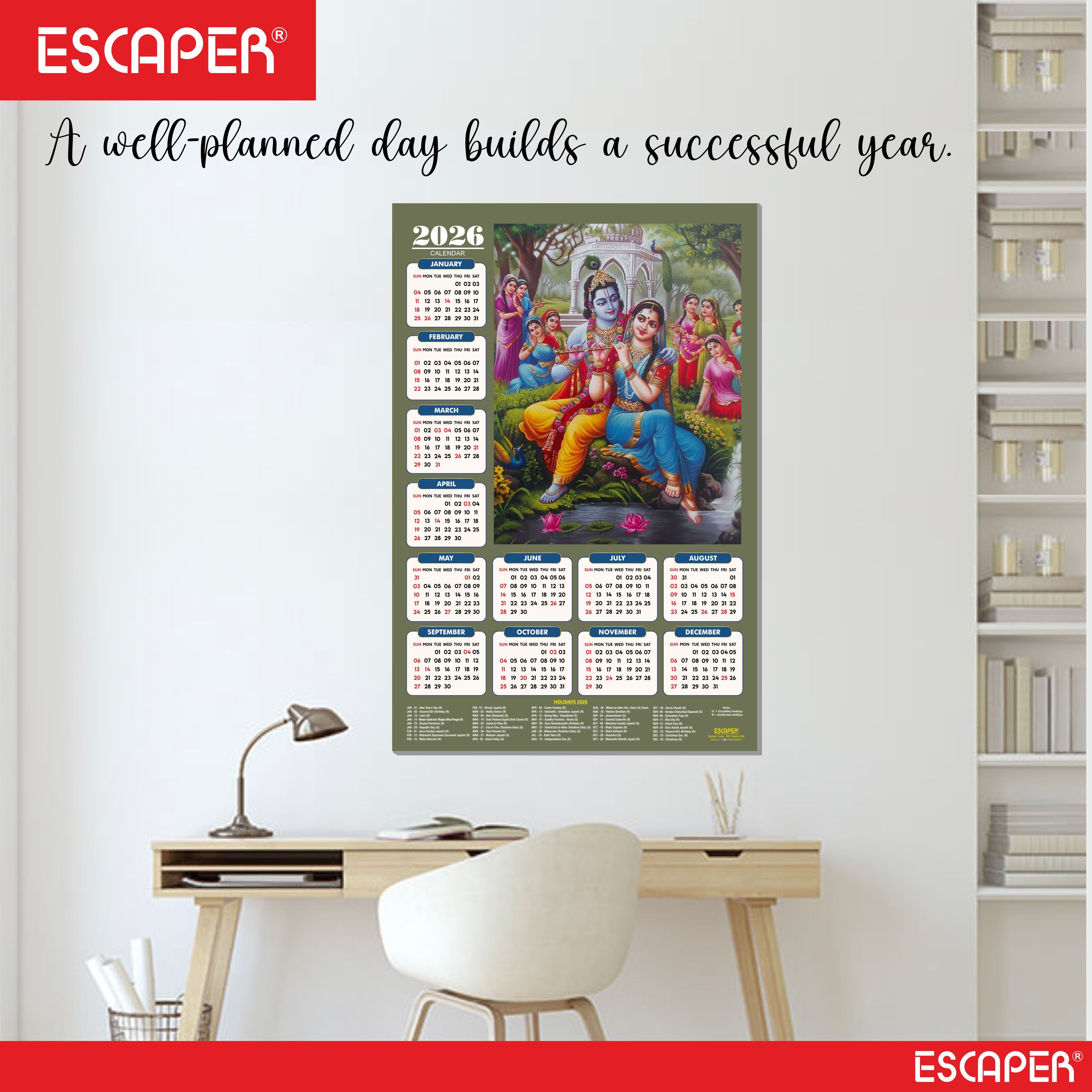 Shree Krishna Wall Calendar 2026 (45 x 30 cm) - Radha Krishna Wall Decor, Photo, Krishna Wall Calendar 2026, Religious