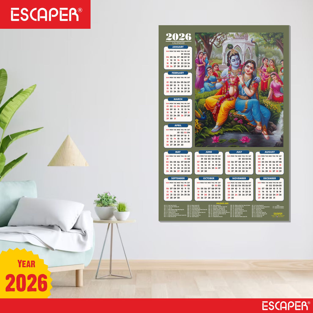 Shree Krishna Wall Calendar 2026 (45 x 30 cm) - Radha Krishna Wall Decor, Photo, Krishna Wall Calendar 2026, Religious