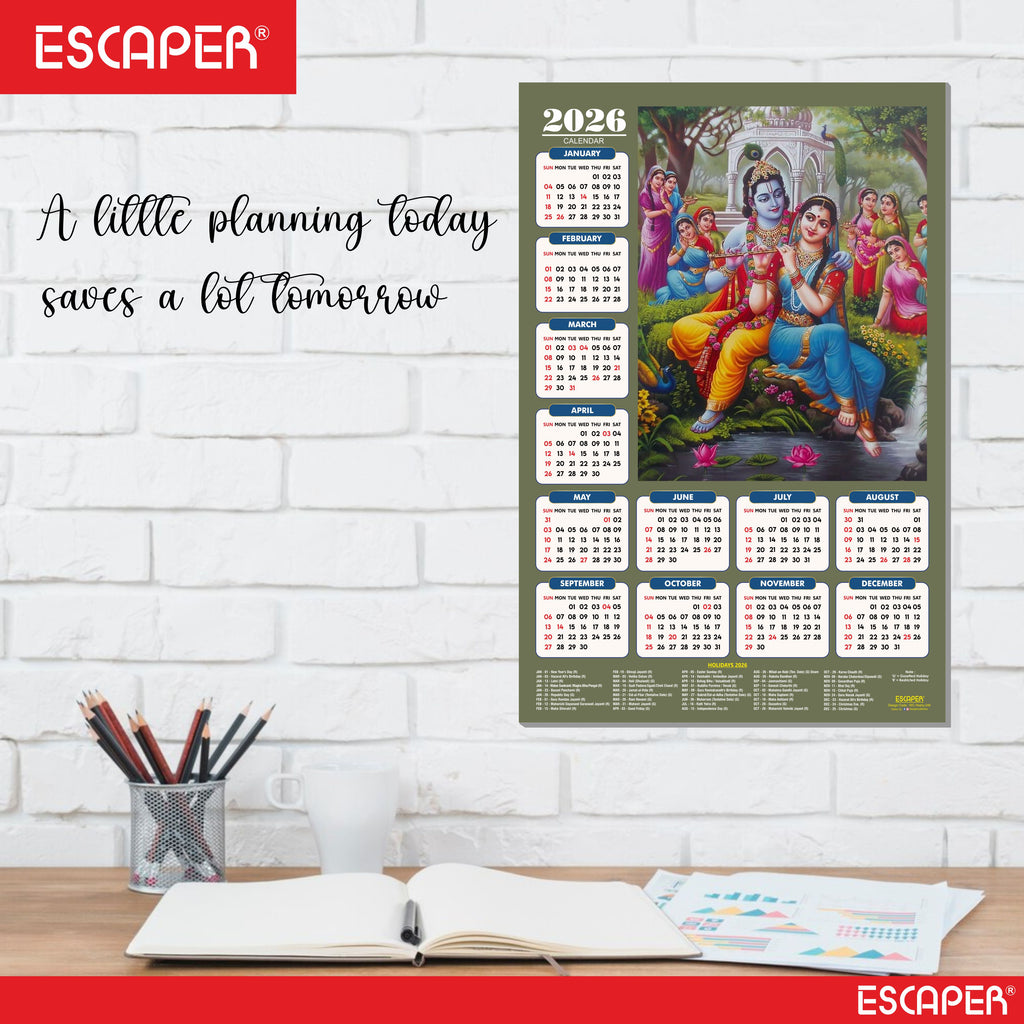 Shree Krishna Wall Calendar 2026 (45 x 30 cm) - Radha Krishna Wall Decor, Photo, Krishna Wall Calendar 2026, Religious