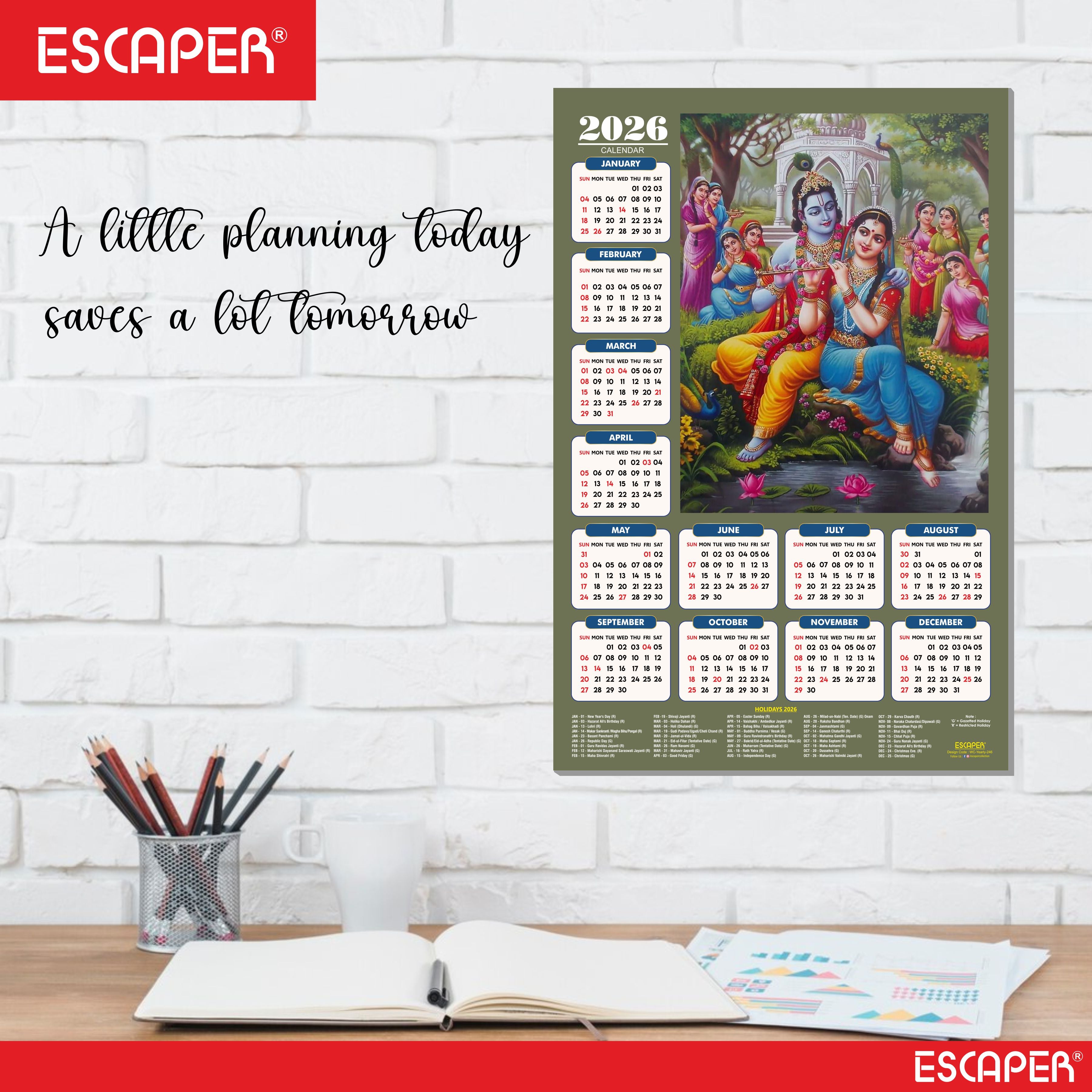 Shree Krishna Wall Calendar 2026 (45 x 30 cm) - Radha Krishna Wall Decor, Photo, Krishna Wall Calendar 2026, Religious