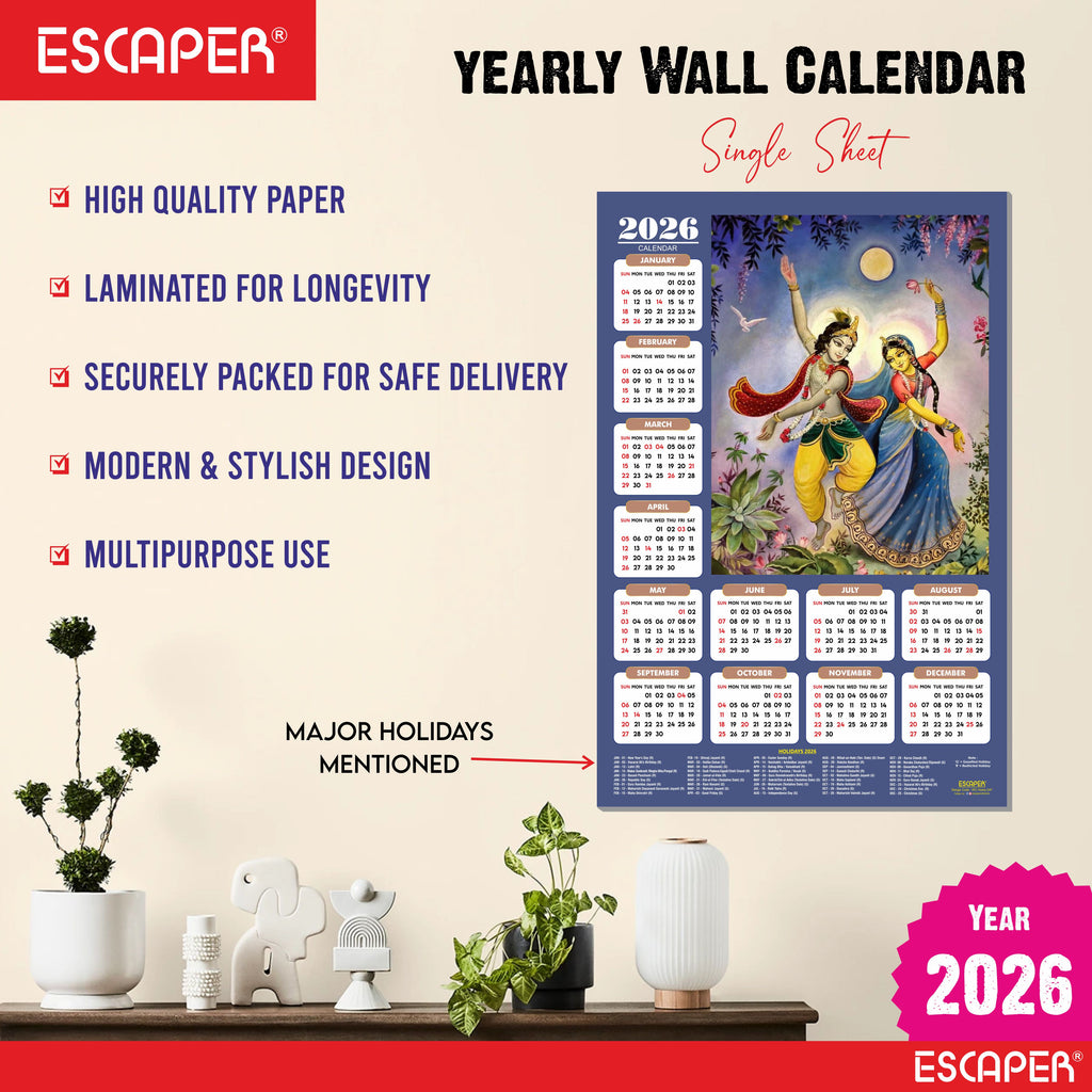 Shree Krishna Wall Calendar 2026 (45 x 30 cm) - Radha Krishna Wall Decor, Laddu Gopal Photo, Bal Krishna Wall Calendar 2026, Religious Bal Gopal Photo