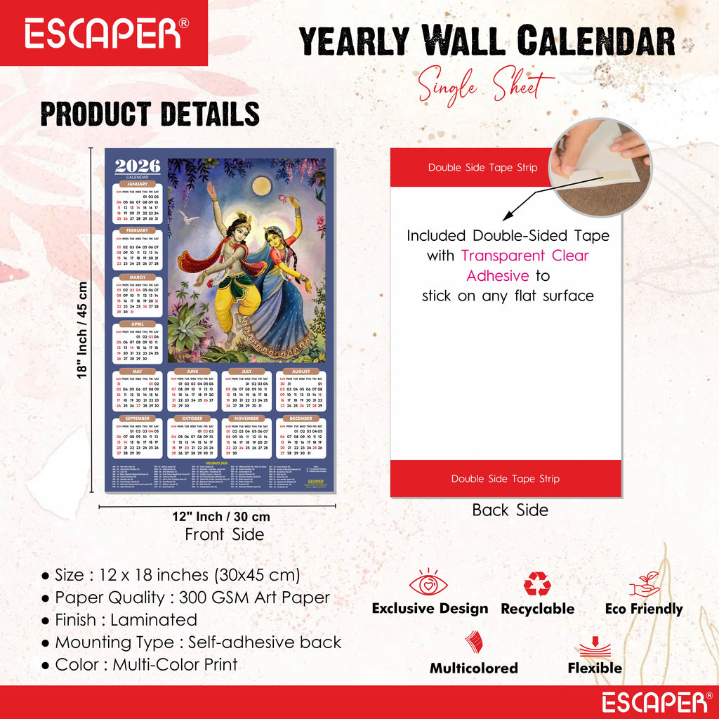 Shree Krishna Wall Calendar 2026 (45 x 30 cm) - Radha Krishna Wall Decor, Laddu Gopal Photo, Bal Krishna Wall Calendar 2026, Religious Bal Gopal Photo