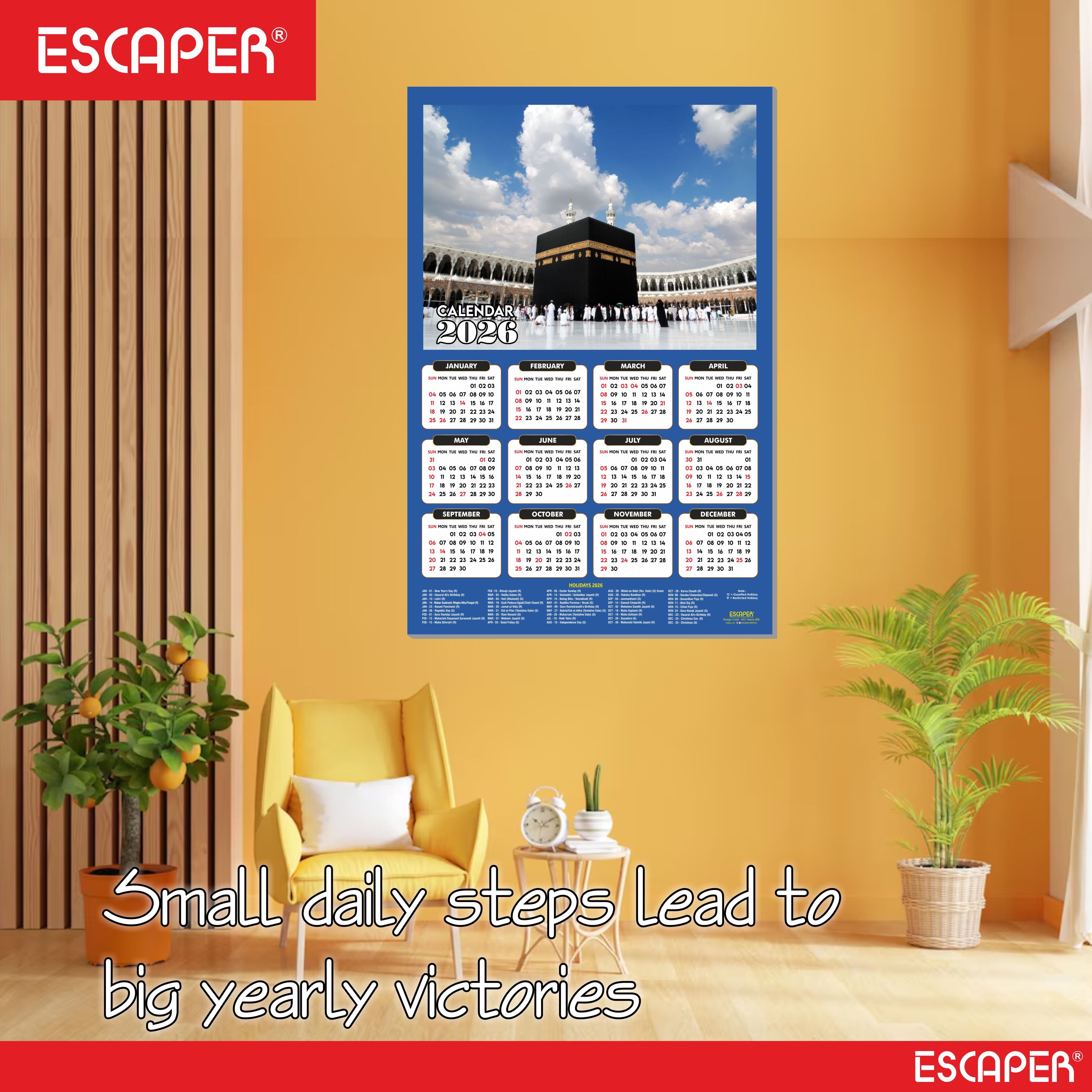 Muslim Wall Calendar 2026 hanging Decoration (45 x 30 cm), Islamic Wall Decor, Arabic Calligraphy, Allah Wall Calendar 2026, Muslim home decor items, New Year Calendar 2026