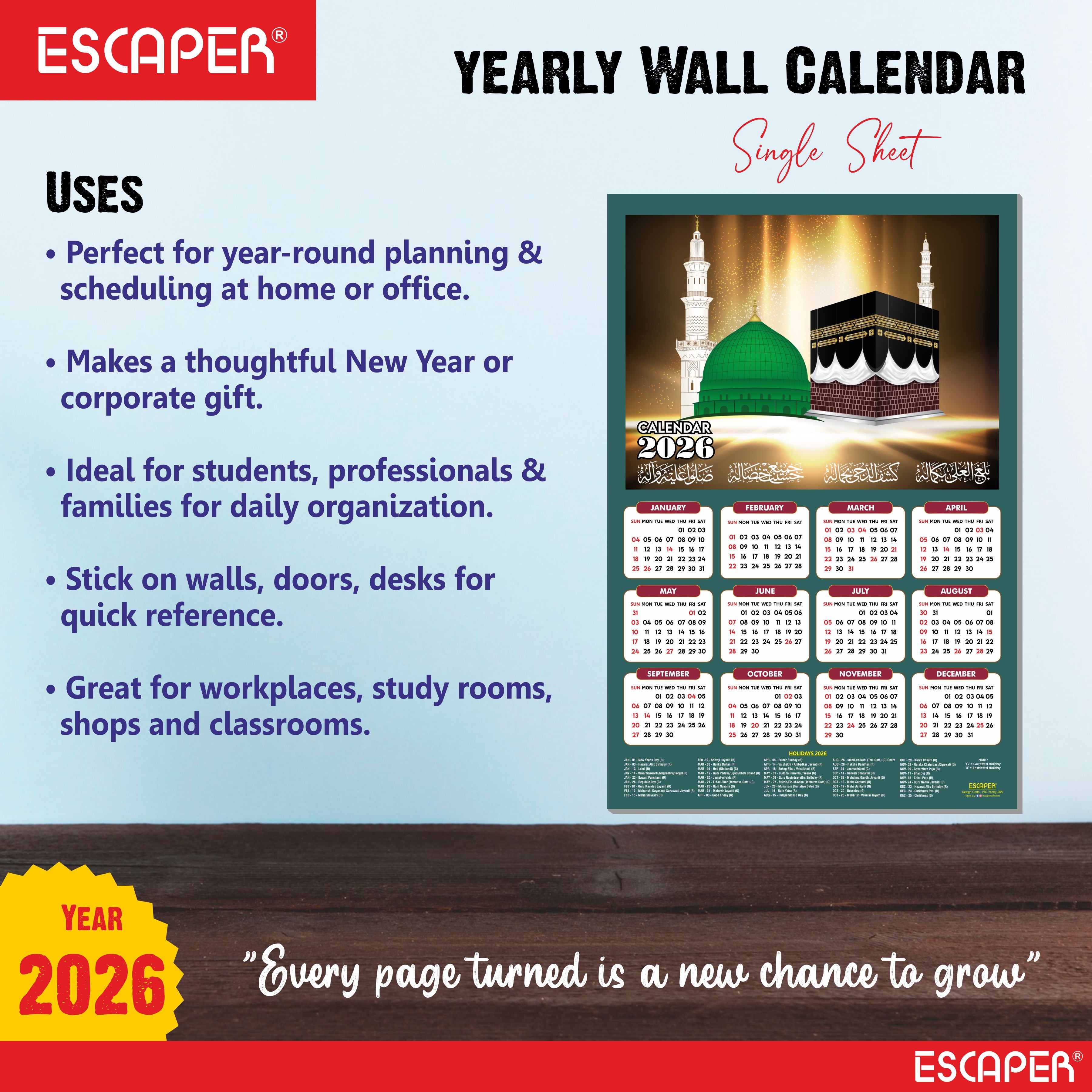 Muslim Wall Calendar 2026 hanging Decoration (45 x 30 cm), Islamic Wall Decor, Arabic Calligraphy, Allah Wall Calendar 2026, Muslim home decor items, New Year Calendar 2026