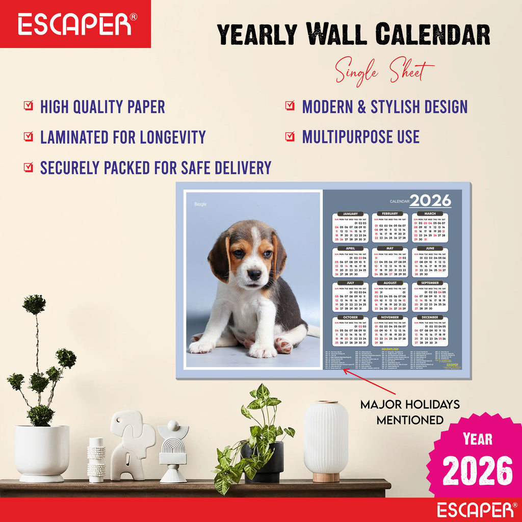 Beagle Dog Wall Calendar 2026 – 45 x 30 cm, Cute Puppy & Pet Dog Photos, Wall Decor Calendar for Home, Kids Room & New Year Gift