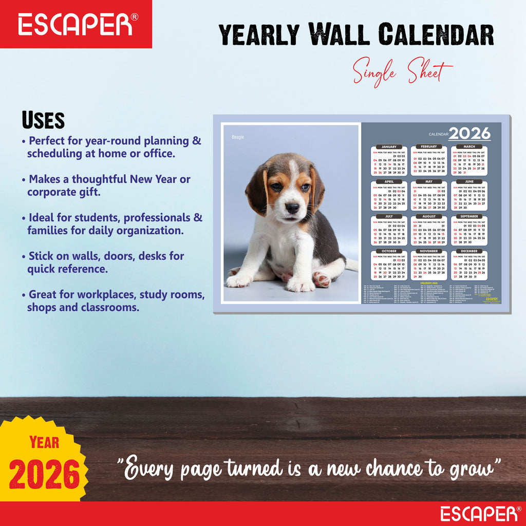 Beagle Dog Wall Calendar 2026 – 45 x 30 cm, Cute Puppy & Pet Dog Photos, Wall Decor Calendar for Home, Kids Room & New Year Gift