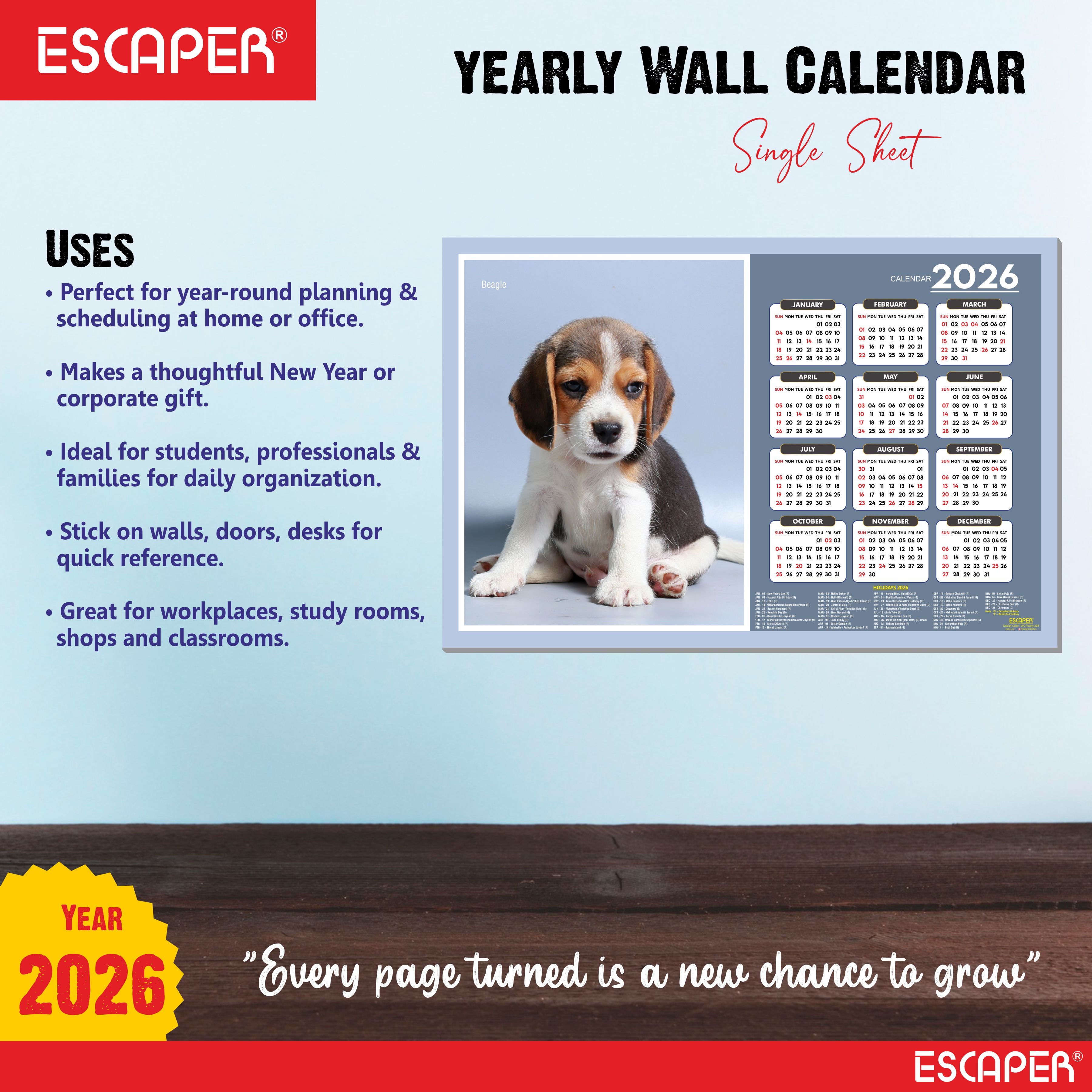 Beagle Dog Wall Calendar 2026 – 45 x 30 cm, Cute Puppy & Pet Dog Photos, Wall Decor Calendar for Home, Kids Room & New Year Gift