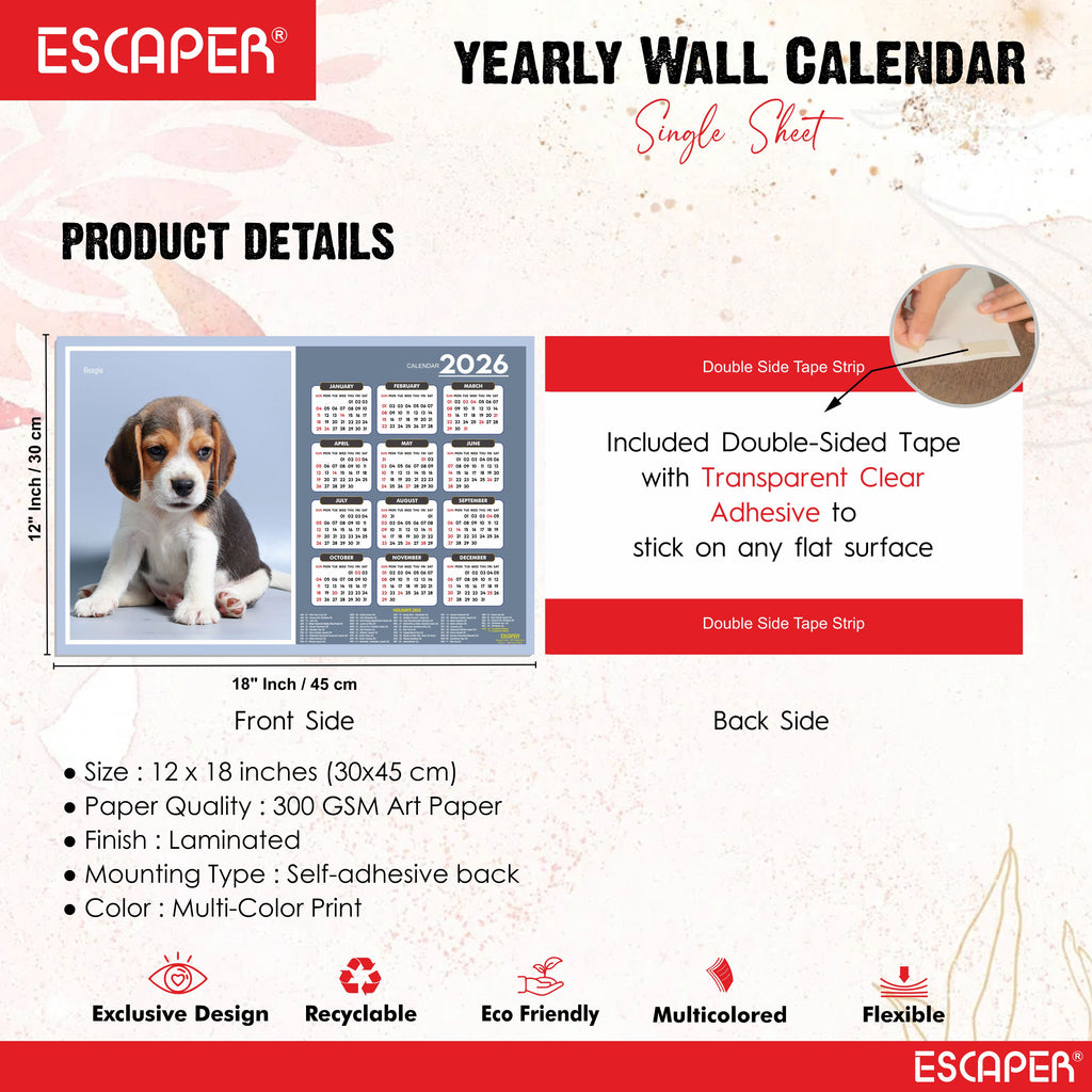 Beagle Dog Wall Calendar 2026 – 45 x 30 cm, Cute Puppy & Pet Dog Photos, Wall Decor Calendar for Home, Kids Room & New Year Gift