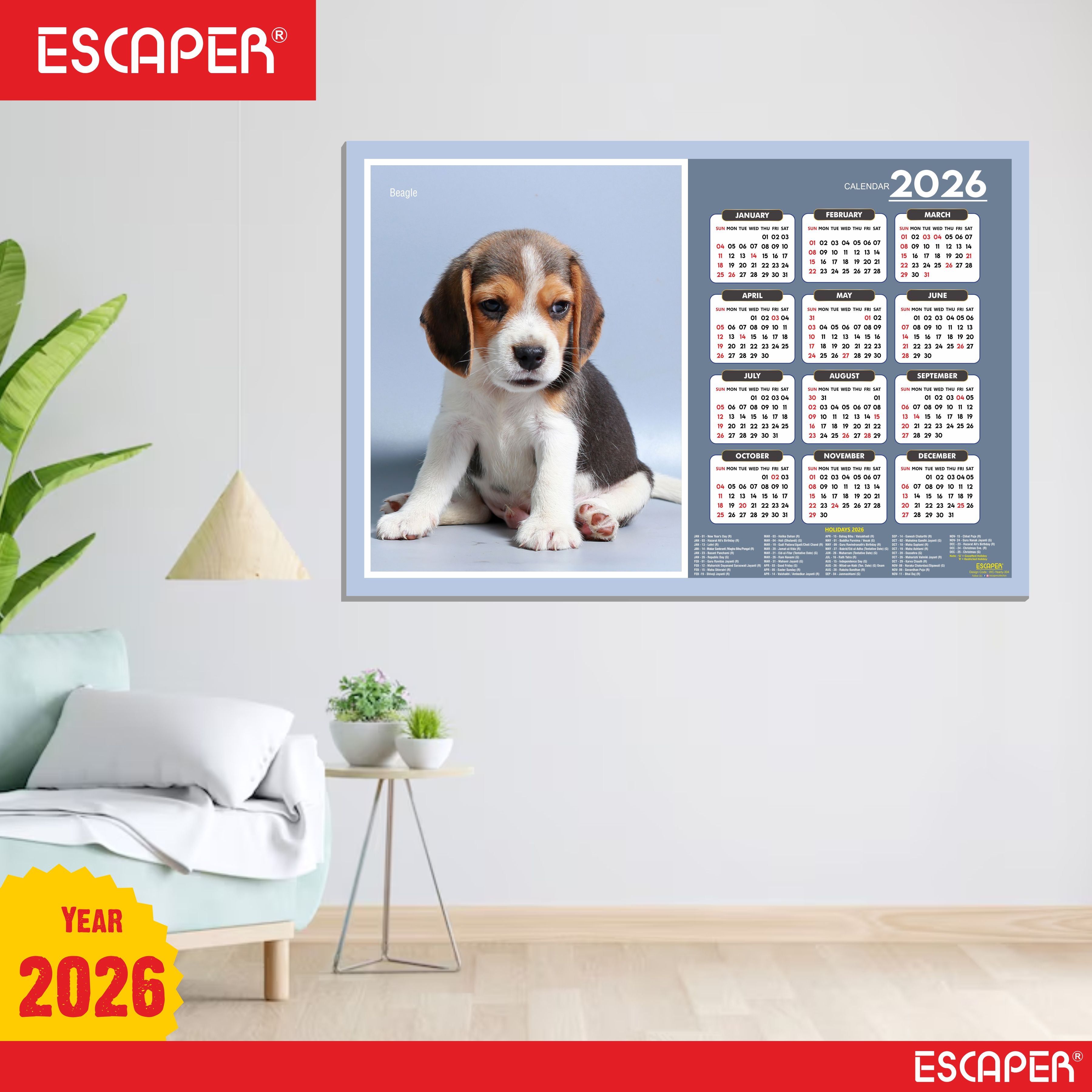 Beagle Dog Wall Calendar 2026 – 45 x 30 cm, Cute Puppy & Pet Dog Photos, Wall Decor Calendar for Home, Kids Room & New Year Gift