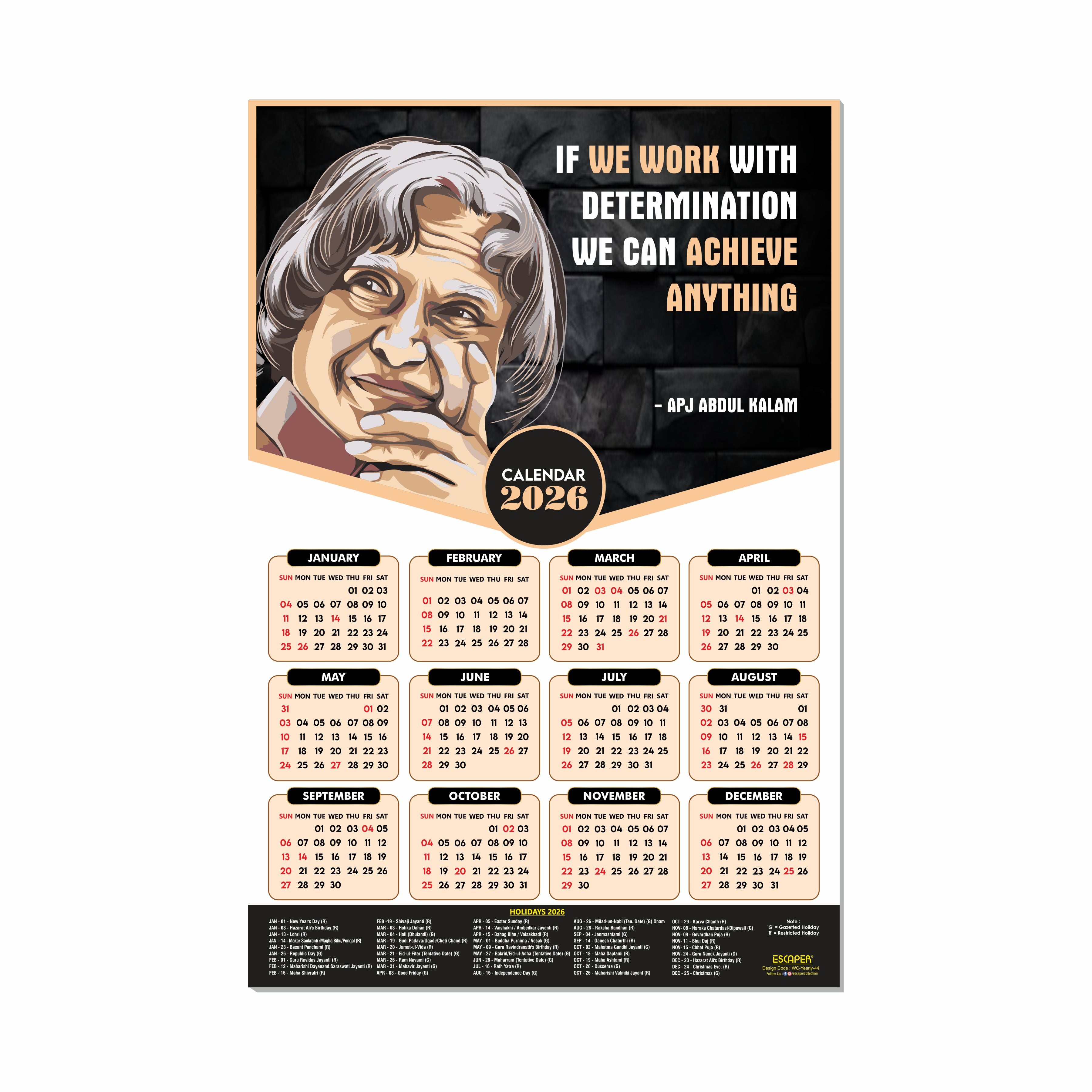 Dr. APJ Abdul Kalam Motivational Wall Calendar 2026 & Inspirational Quotes (12 x 18), Famous Quotes Wall Calendar 2026, Ideal for Room Decoration, Wall Art
