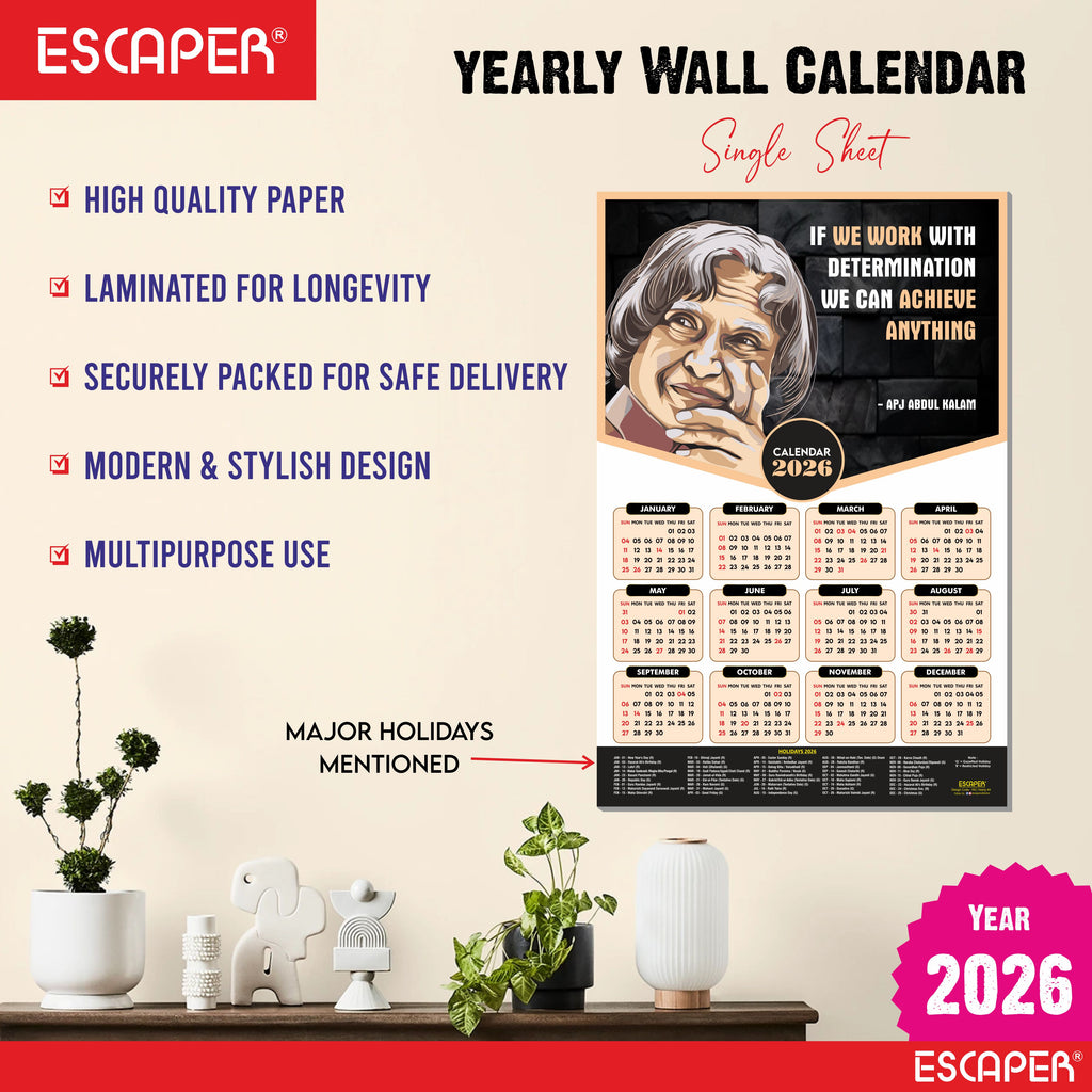 Dr. APJ Abdul Kalam Motivational Wall Calendar 2026 & Inspirational Quotes (12 x 18), Famous Quotes Wall Calendar 2026, Ideal for Room Decoration, Wall Art