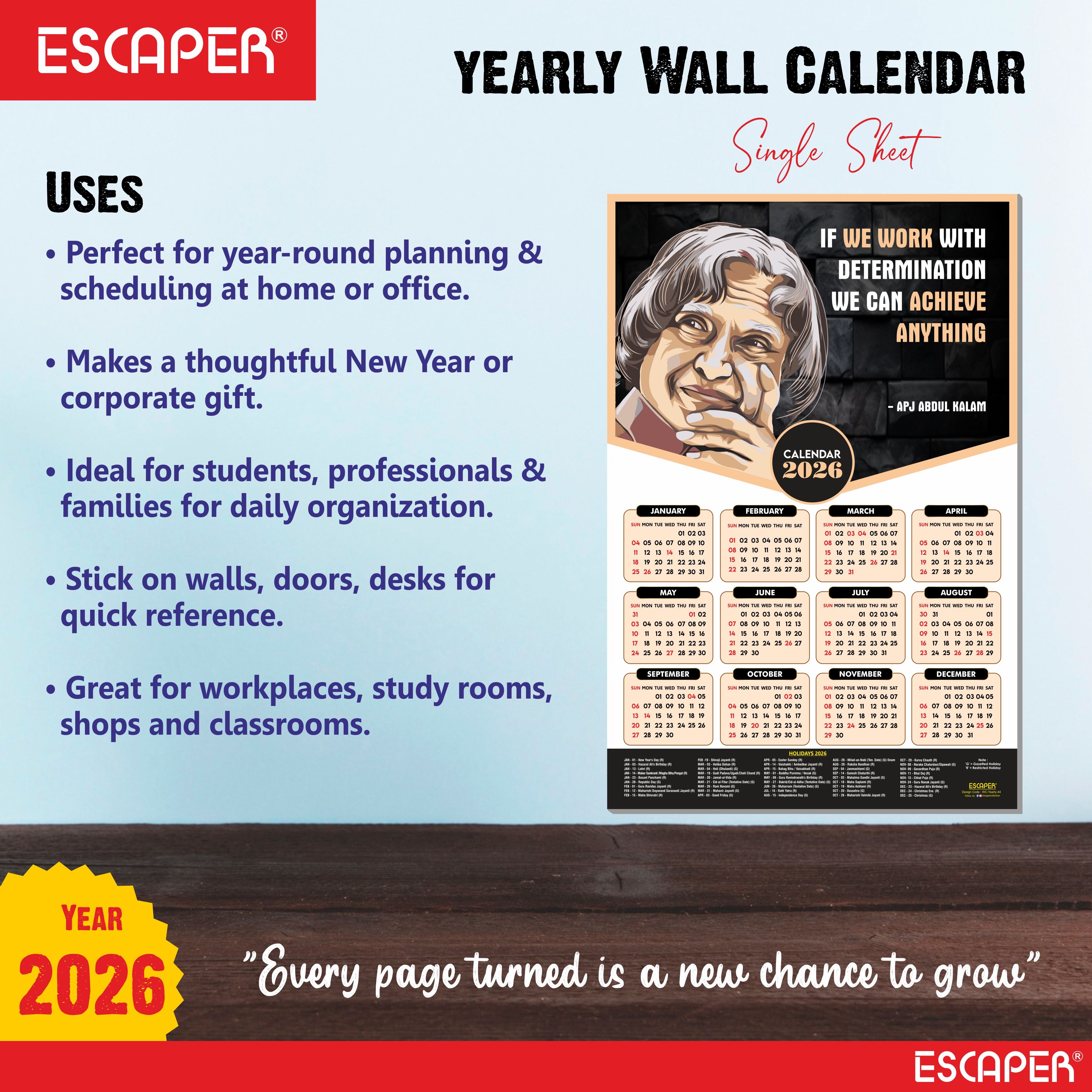 Dr. APJ Abdul Kalam Motivational Wall Calendar 2026 & Inspirational Quotes (12 x 18), Famous Quotes Wall Calendar 2026, Ideal for Room Decoration, Wall Art