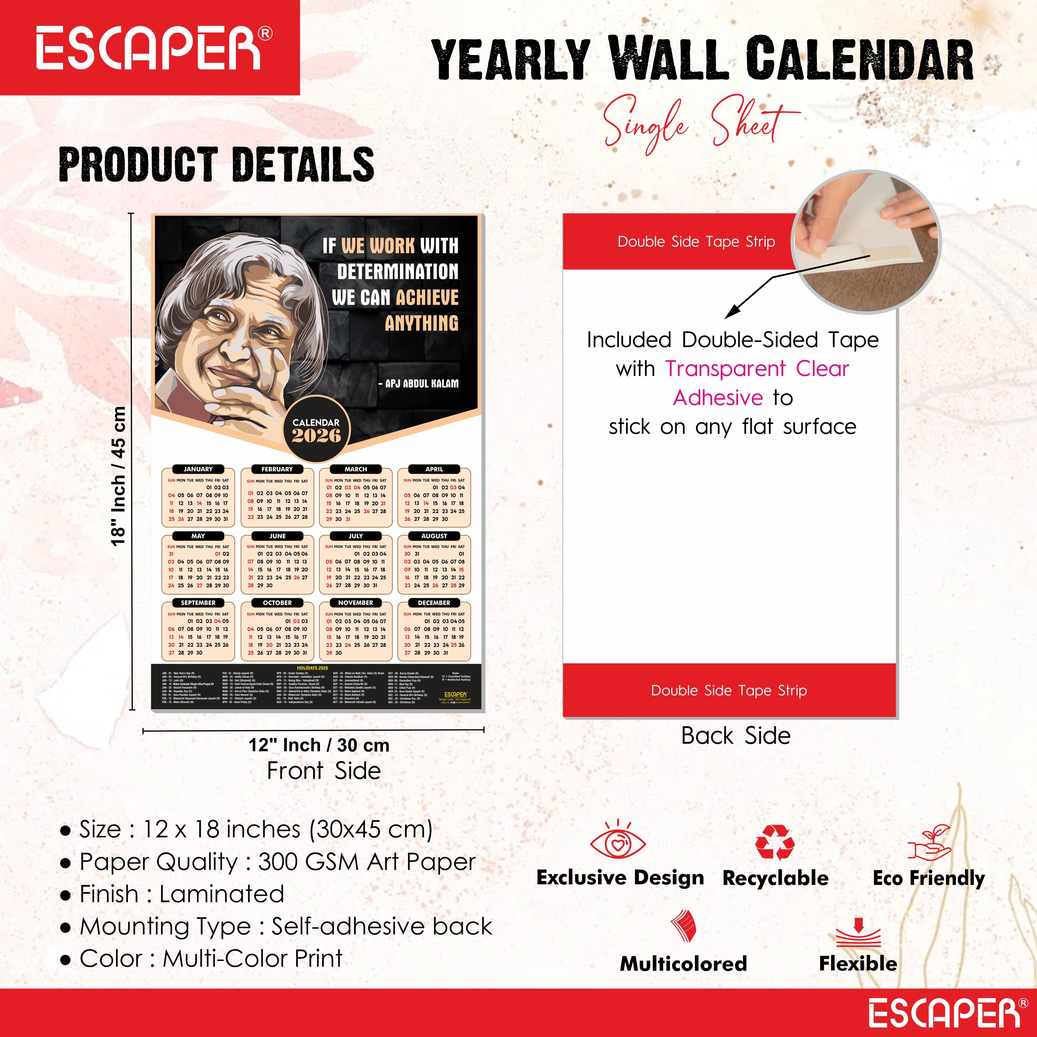 Dr. APJ Abdul Kalam Motivational Wall Calendar 2026 & Inspirational Quotes (12 x 18), Famous Quotes Wall Calendar 2026, Ideal for Room Decoration, Wall Art