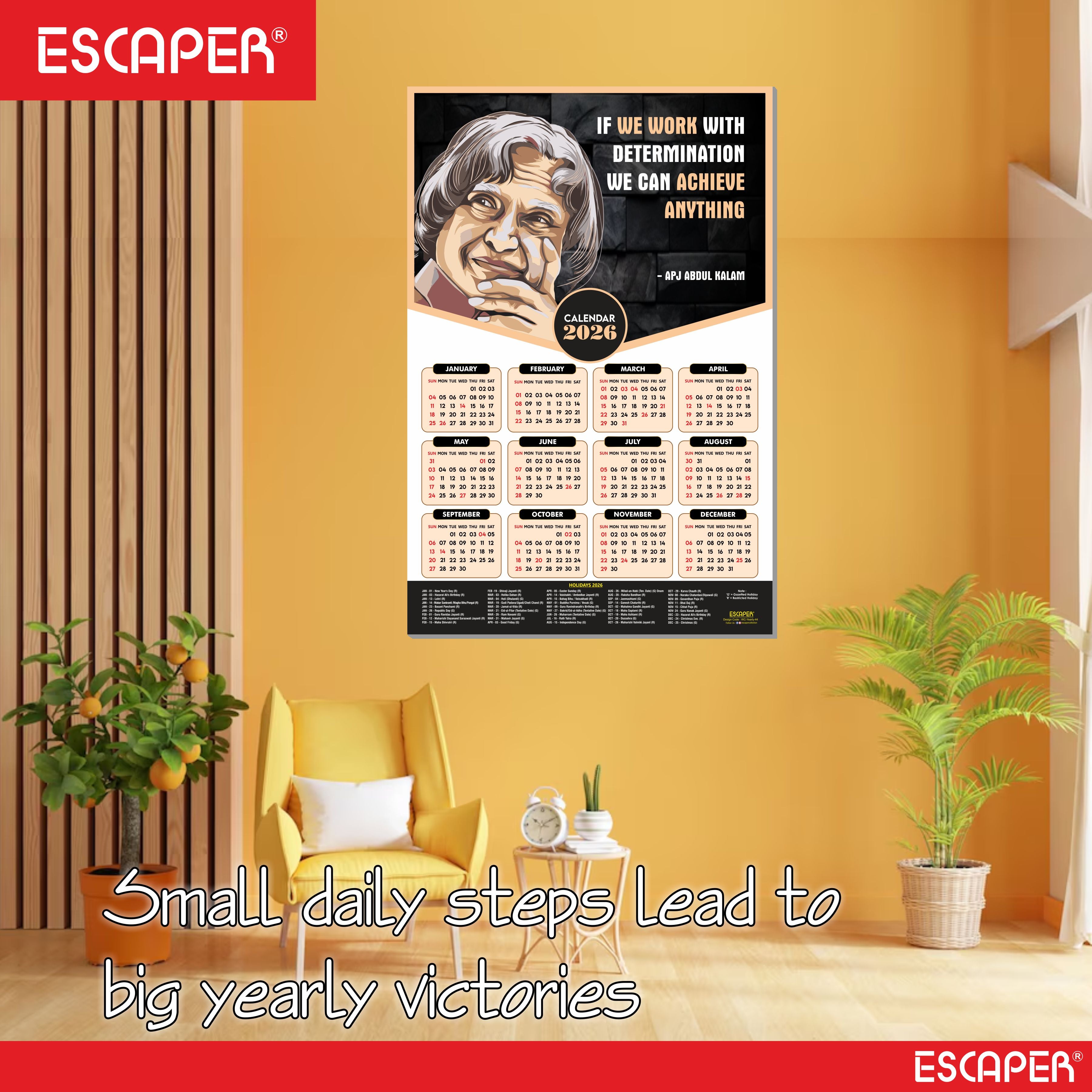 Dr. APJ Abdul Kalam Motivational Wall Calendar 2026 & Inspirational Quotes (12 x 18), Famous Quotes Wall Calendar 2026, Ideal for Room Decoration, Wall Art