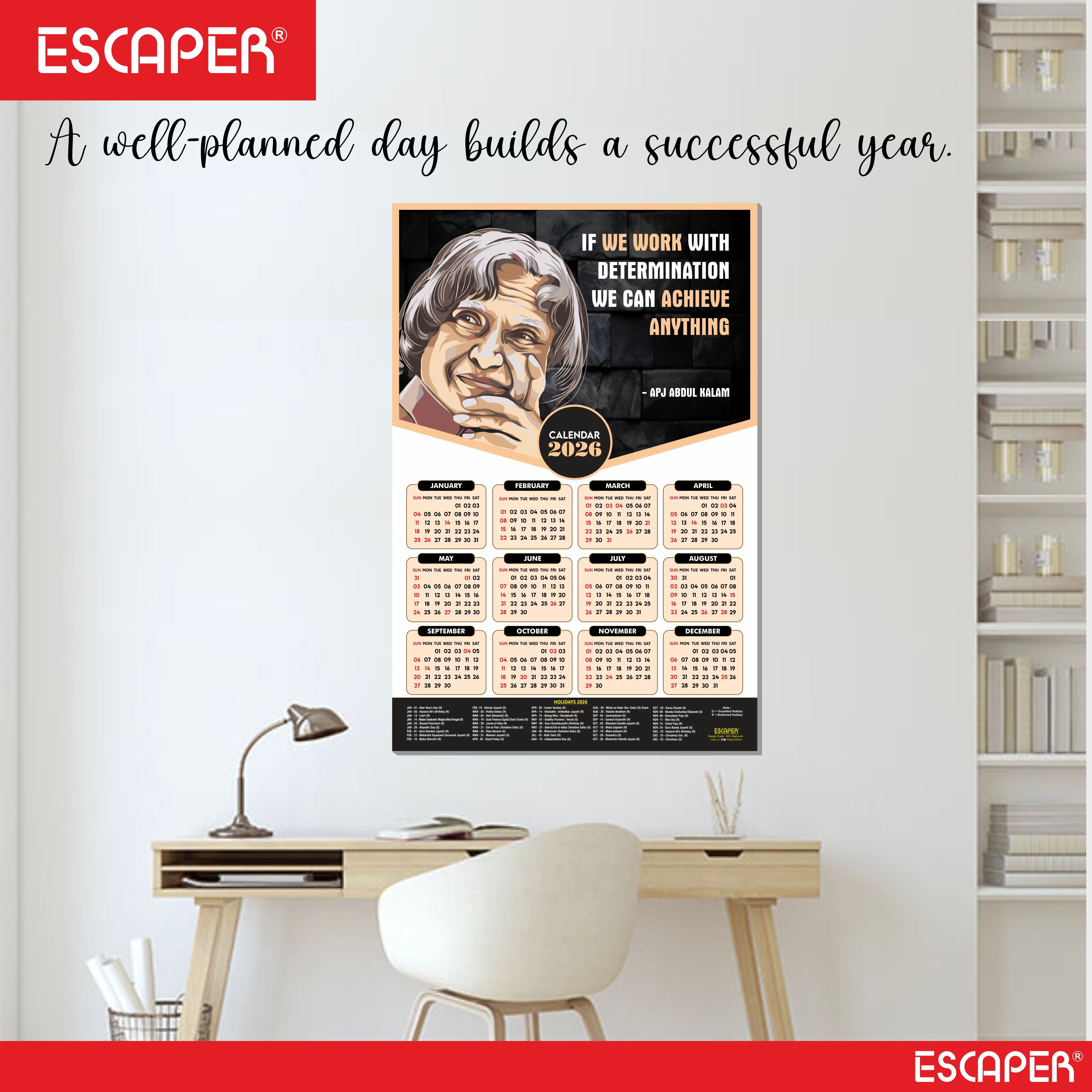 Dr. APJ Abdul Kalam Motivational Wall Calendar 2026 & Inspirational Quotes (12 x 18), Famous Quotes Wall Calendar 2026, Ideal for Room Decoration, Wall Art