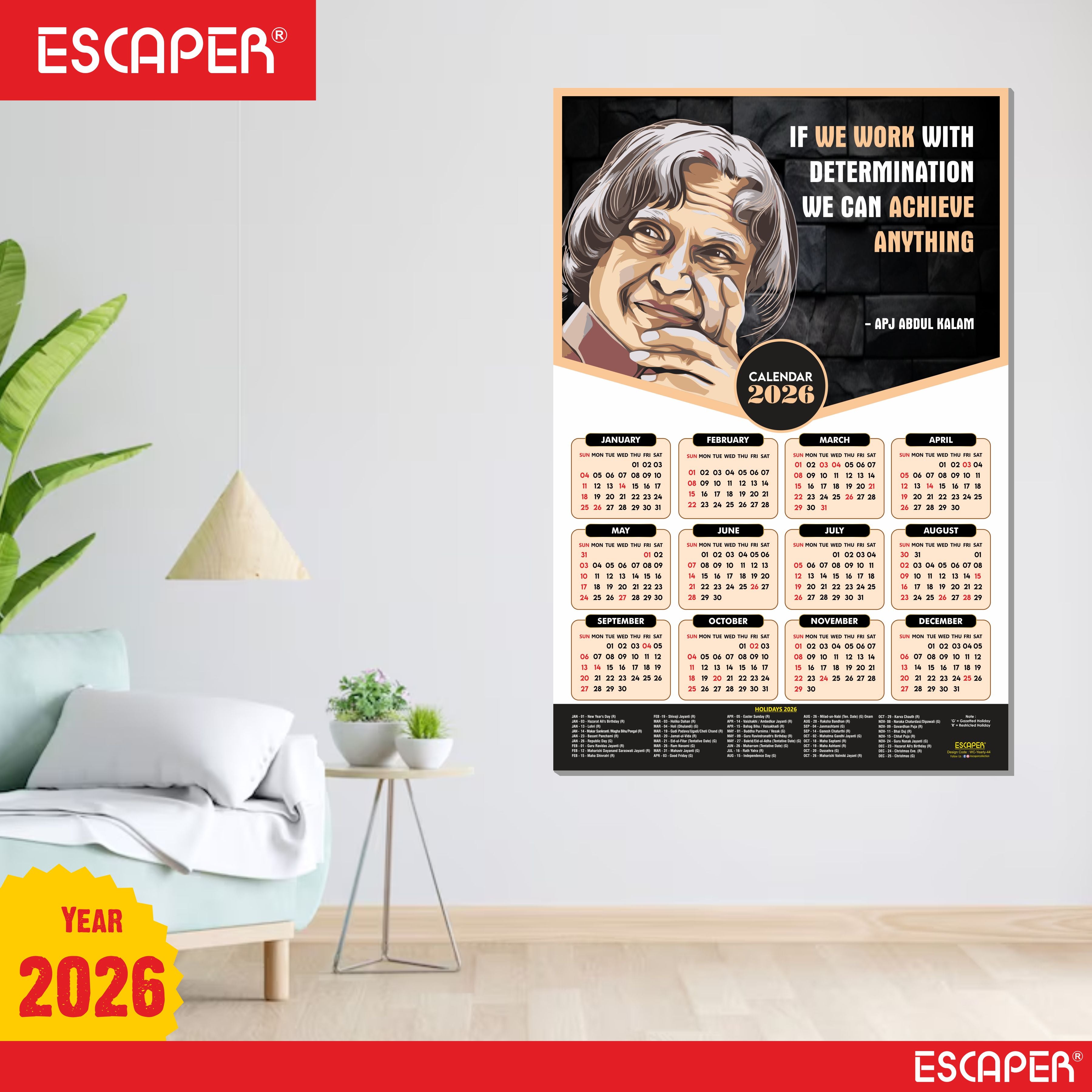 Dr. APJ Abdul Kalam Motivational Wall Calendar 2026 & Inspirational Quotes (12 x 18), Famous Quotes Wall Calendar 2026, Ideal for Room Decoration, Wall Art