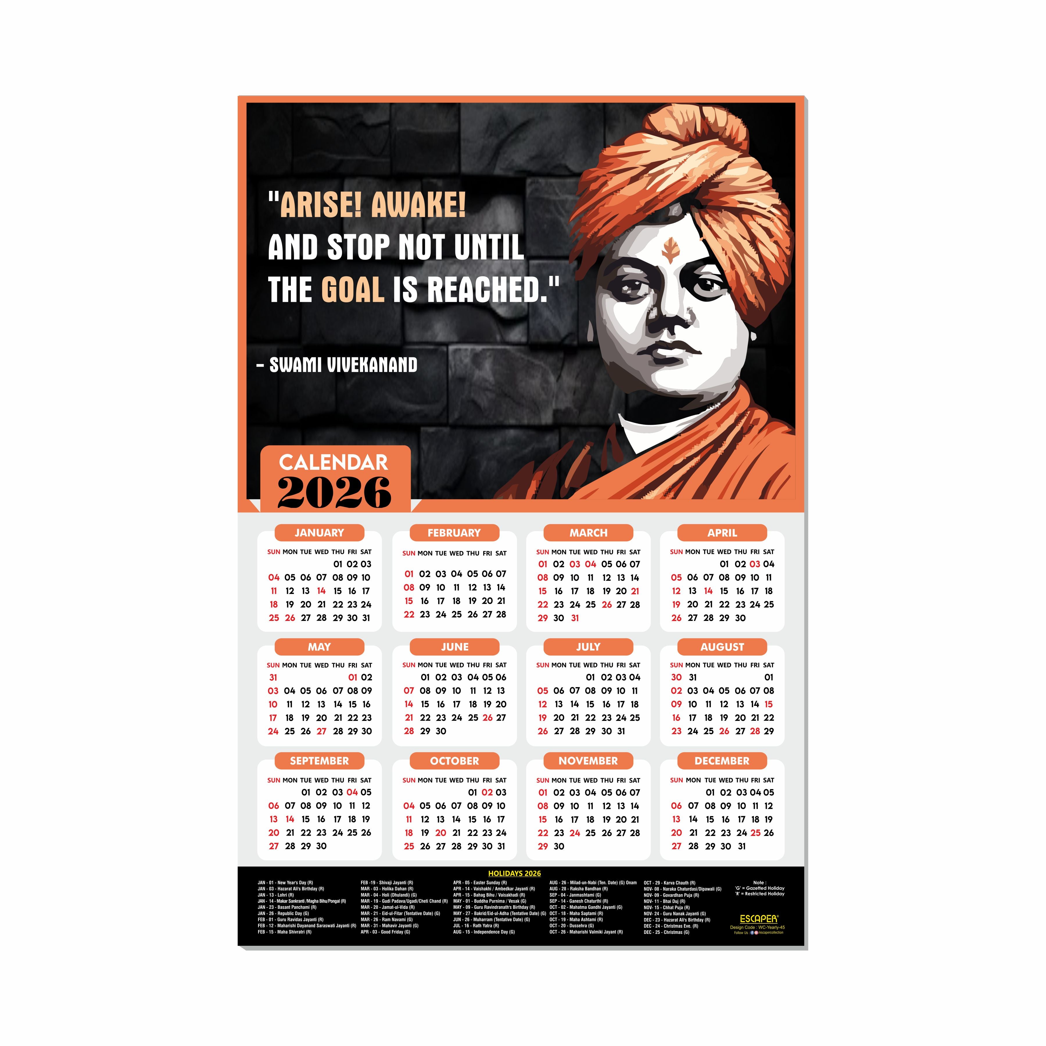 Swami Vivekanand Motivational Wall Calendar 2026 & Inspirational Quotes (12 x 18), Famous Quotes Wall Calendar 2026, Ideal for Room Decoration, Wall Art