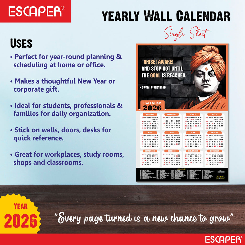 Swami Vivekanand Motivational Wall Calendar 2026 & Inspirational Quotes (12 x 18), Famous Quotes Wall Calendar 2026, Ideal for Room Decoration, Wall Art