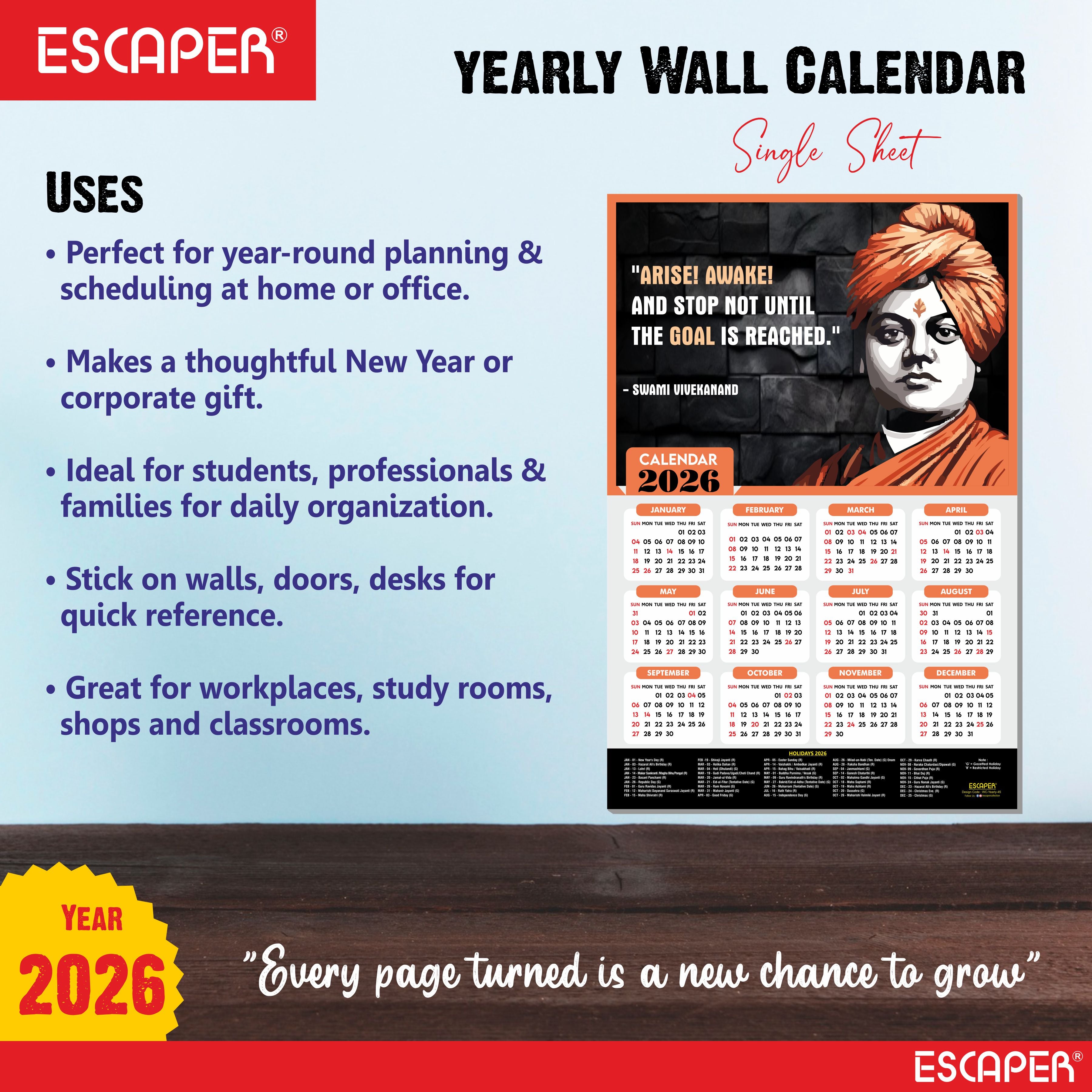Swami Vivekanand Motivational Wall Calendar 2026 & Inspirational Quotes (12 x 18), Famous Quotes Wall Calendar 2026, Ideal for Room Decoration, Wall Art