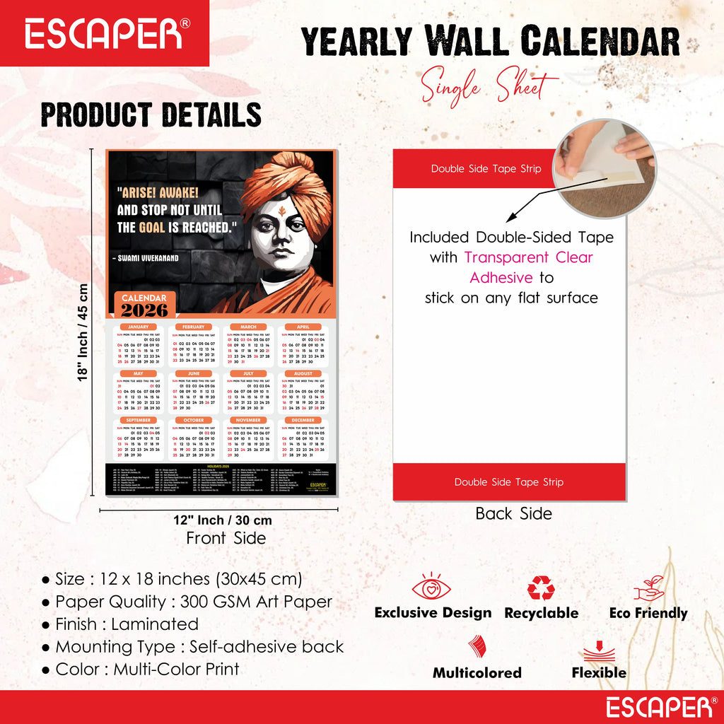 Swami Vivekanand Motivational Wall Calendar 2026 & Inspirational Quotes (12 x 18), Famous Quotes Wall Calendar 2026, Ideal for Room Decoration, Wall Art