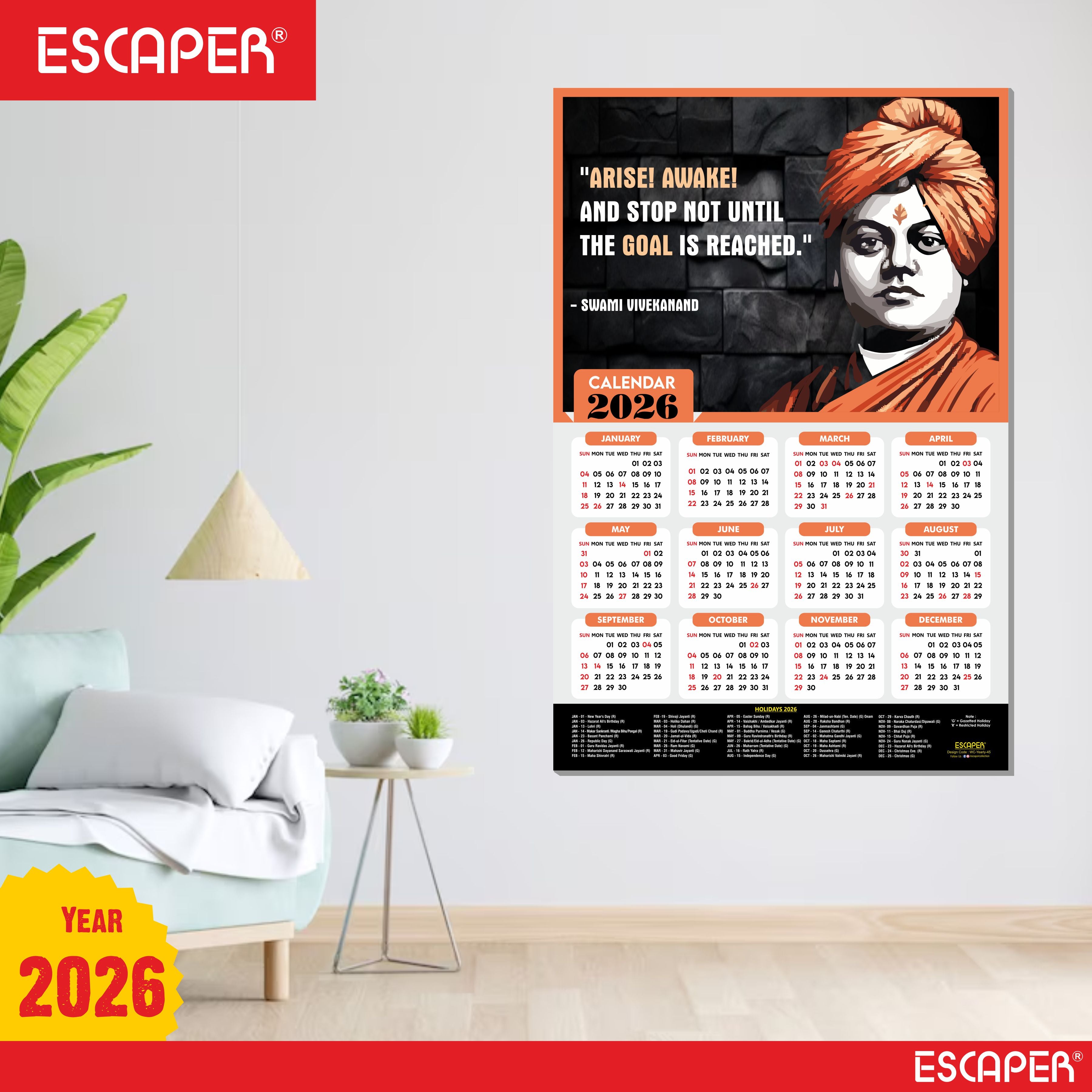 Swami Vivekanand Motivational Wall Calendar 2026 & Inspirational Quotes (12 x 18), Famous Quotes Wall Calendar 2026, Ideal for Room Decoration, Wall Art