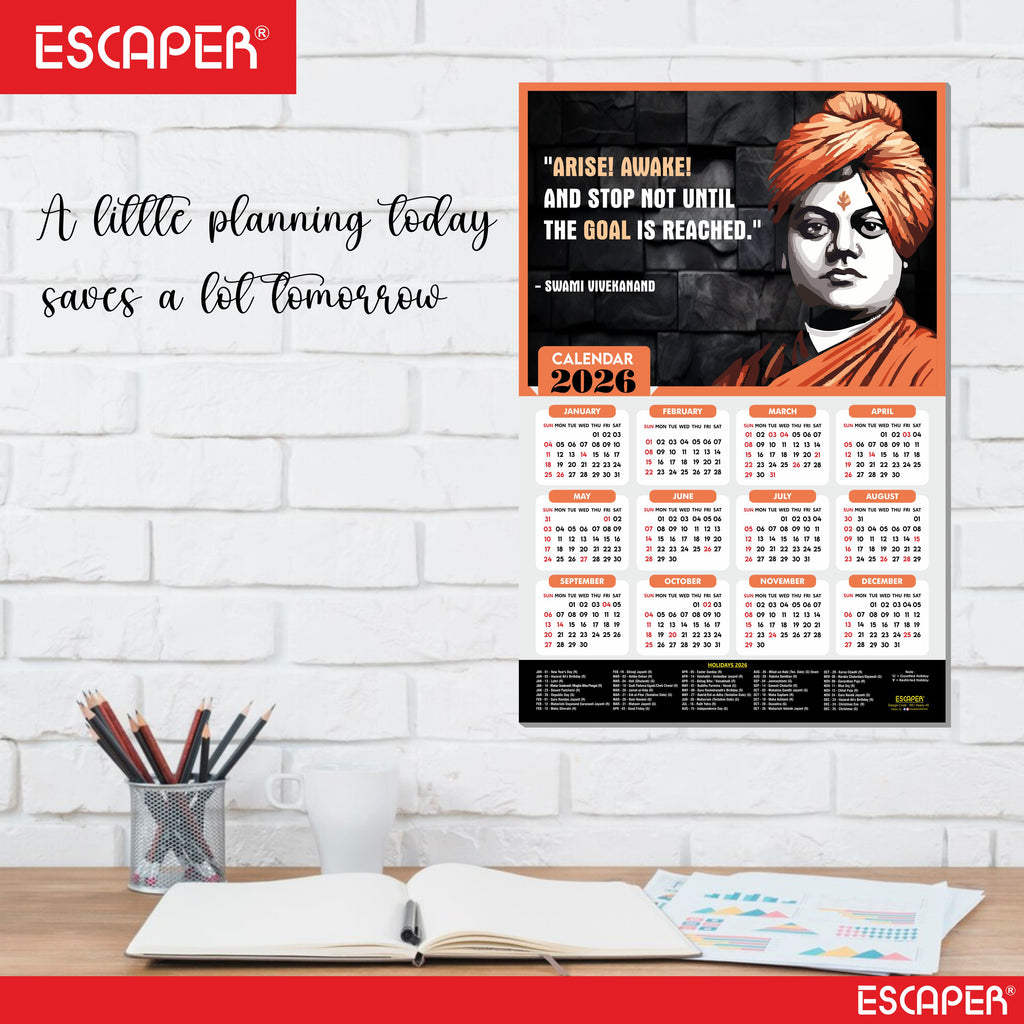 Swami Vivekanand Motivational Wall Calendar 2026 & Inspirational Quotes (12 x 18), Famous Quotes Wall Calendar 2026, Ideal for Room Decoration, Wall Art