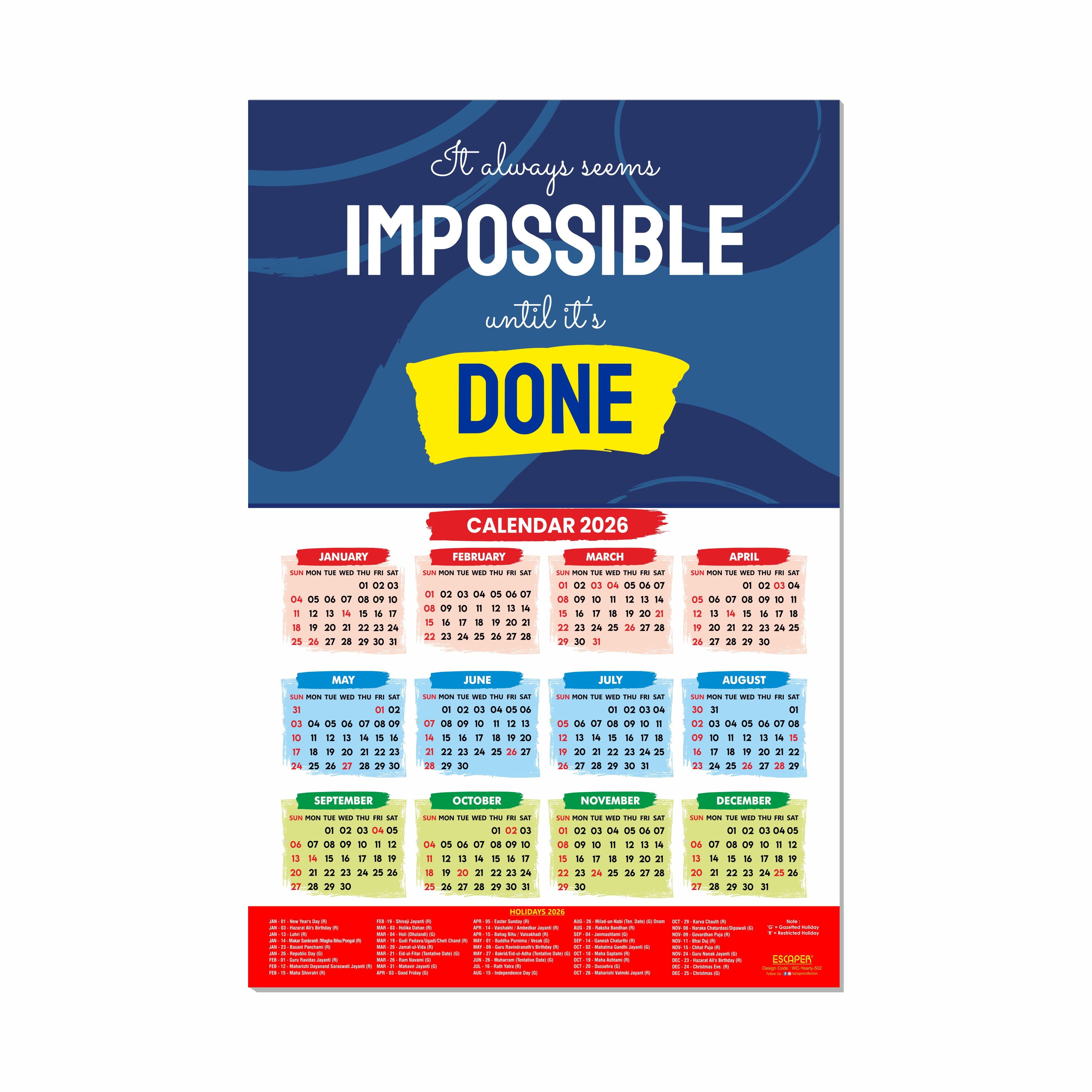 Motivational New Year Wall Calendar 2026 (45x30 cm), Inspirational Quotes Wall Art For Home & Office Decor, Study Table